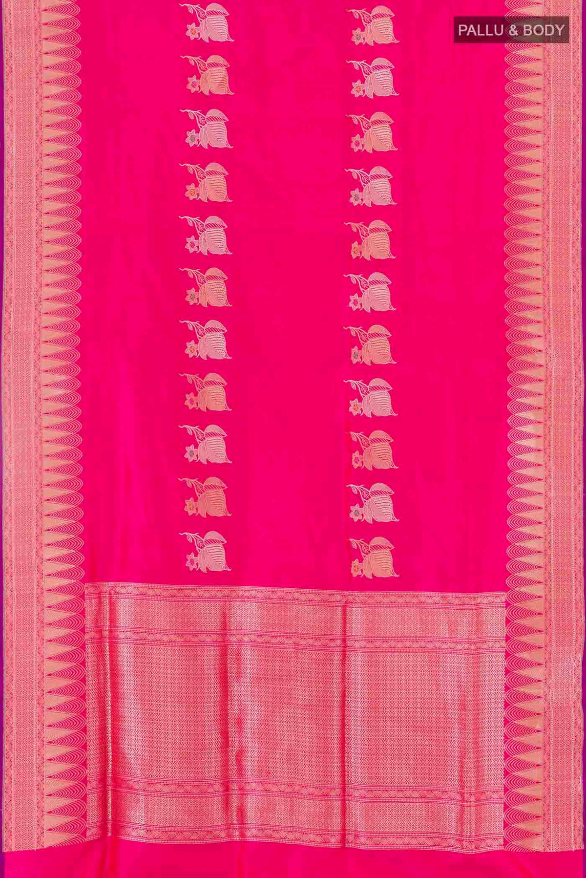 Flat view of Pink Banarasi Saree with Zari Butta on the body and Zari Border