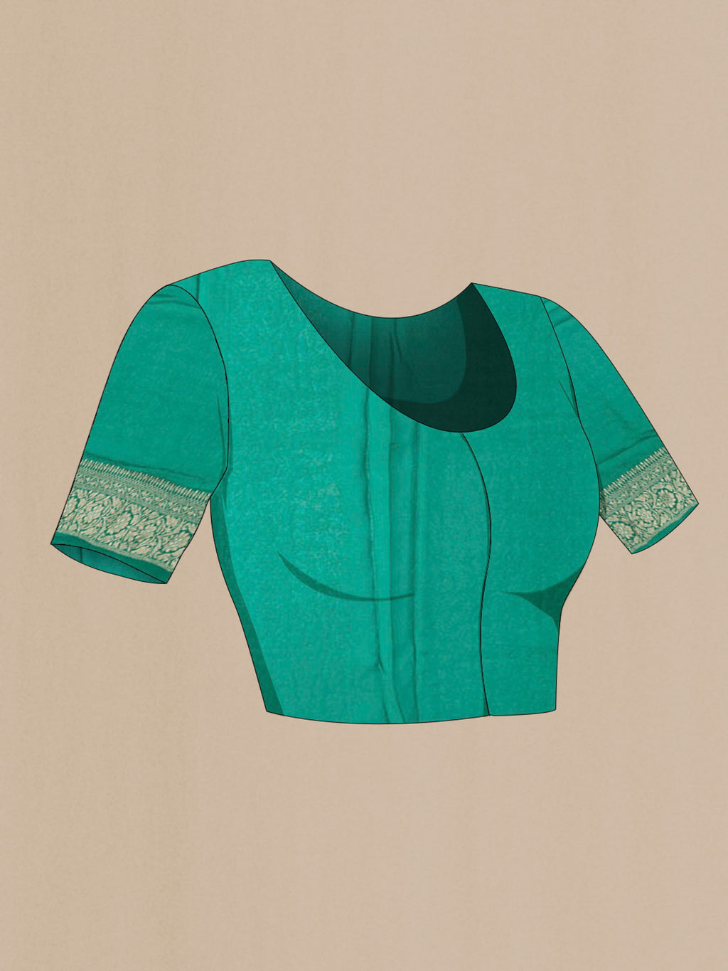 Close up image of the blouse of Green Banarasi Georgette Saree with Zari Butta on the body and Zari Border