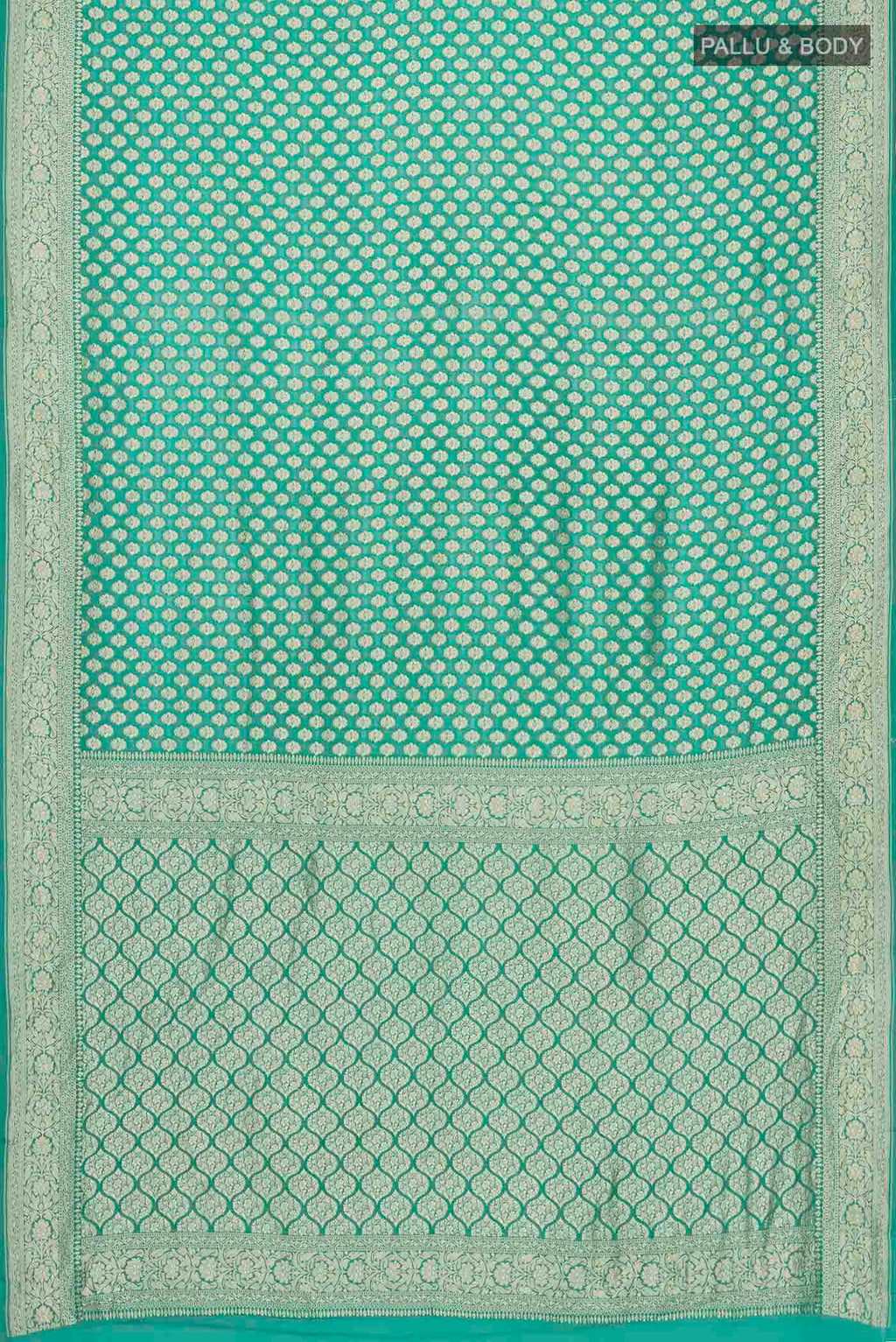 Flat view of Green Banarasi Georgette Saree with Zari Butta on the body and Zari Border