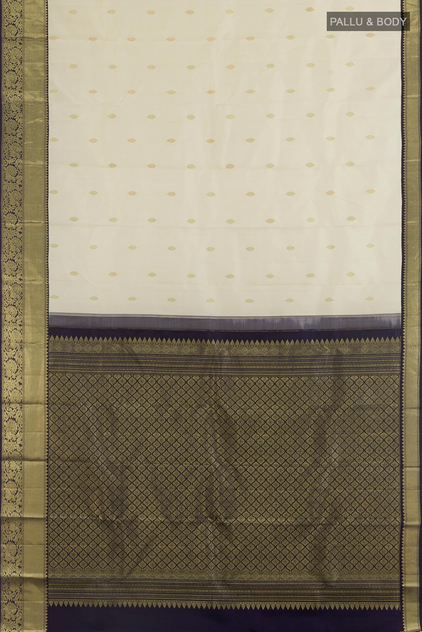 Flat view of Off White Kanjivaram Silk Saree with Zari Butta on the body and Zari Border. 
