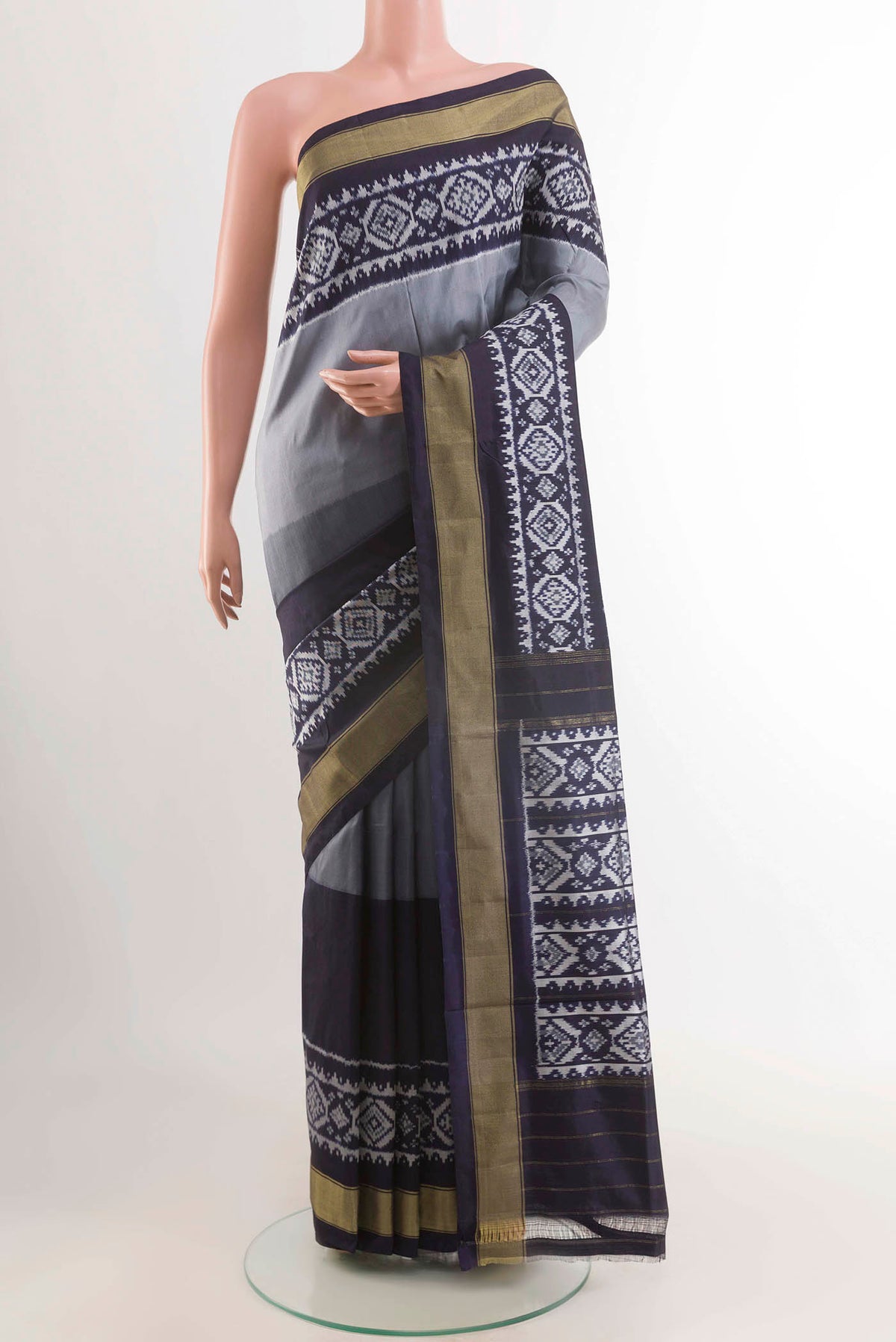 Multi Color Pochampally Silk Saree with Half And Half on the body and Zari Border displayed on a mannequin