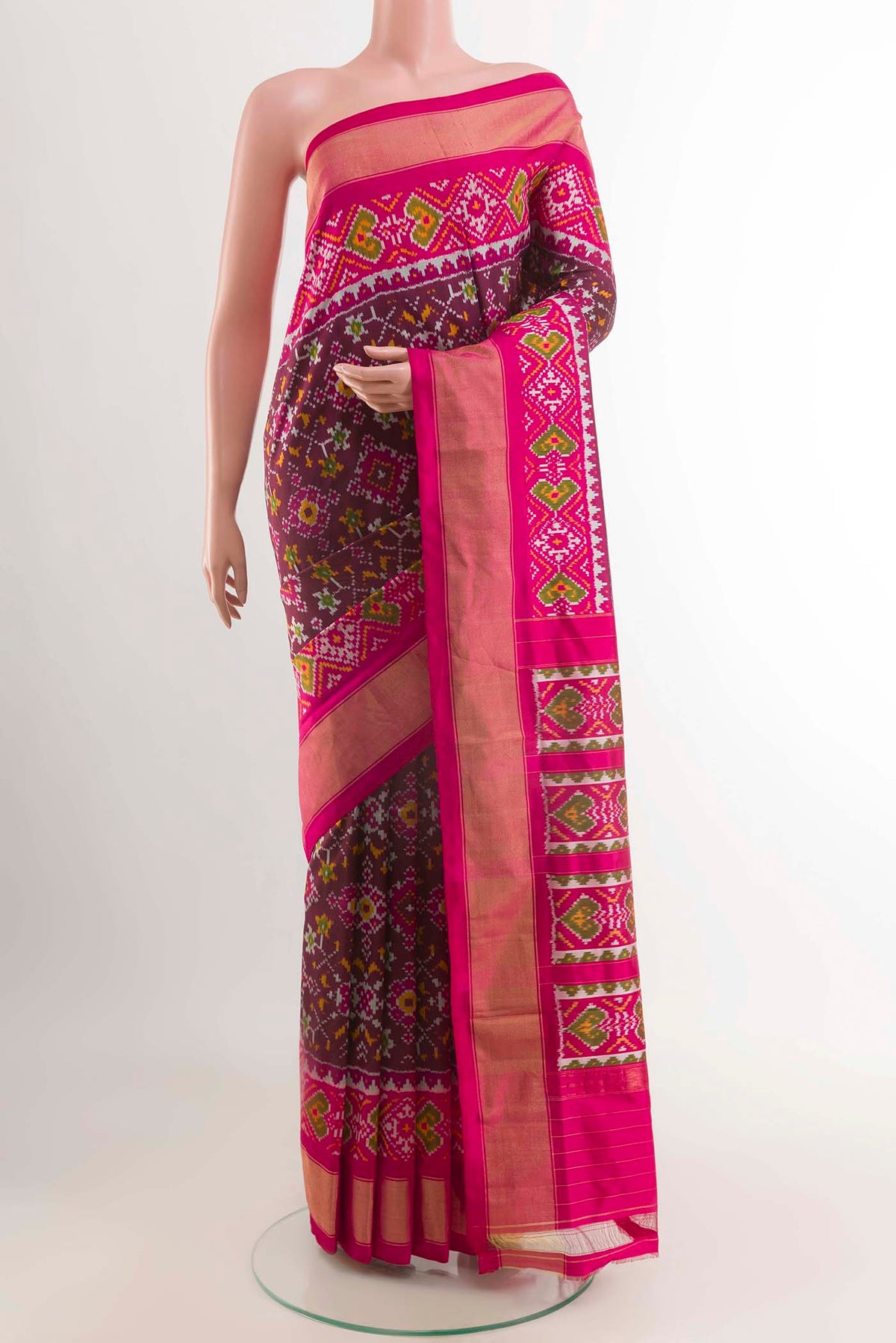 Purple Dual Tone Pochampally Silk Saree with Pure Ikat on the body and Zari Border displayed on a mannequin