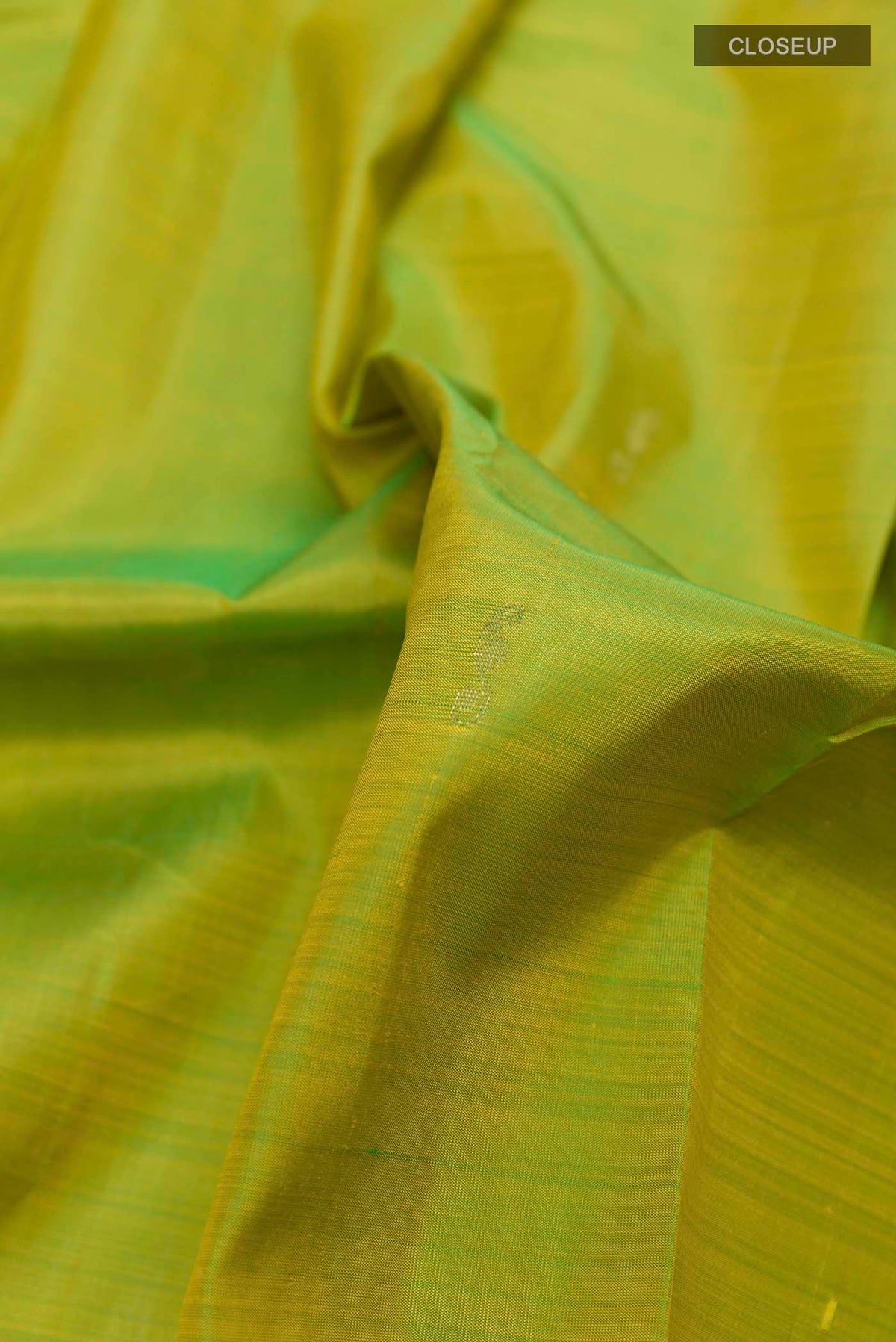 Close up of Green Kanchipuram Silk Saree with Zari Butta on the body and Zari Border displaying folds