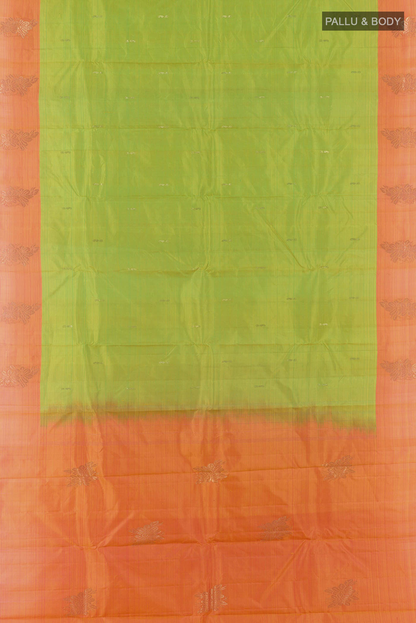 Flat view of Green Kanchipuram Silk Saree with Zari Butta on the body and Zari Border