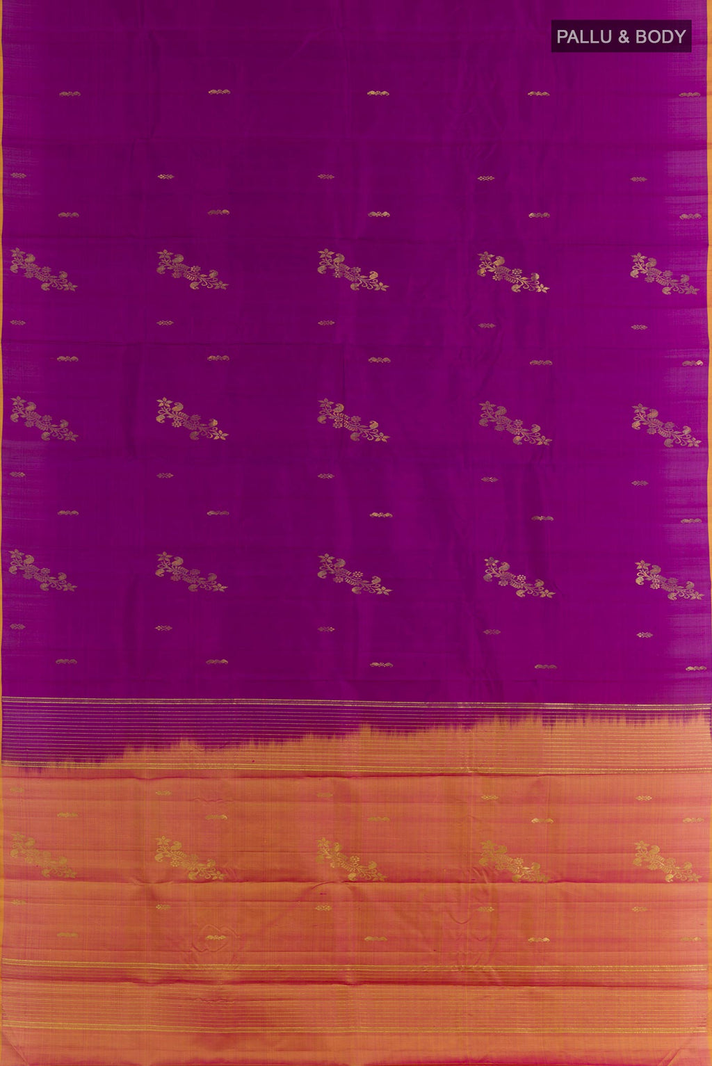 Flat view of Purple Kanchipuram Silk Saree with Zari Butta on the body and Zari Border. 