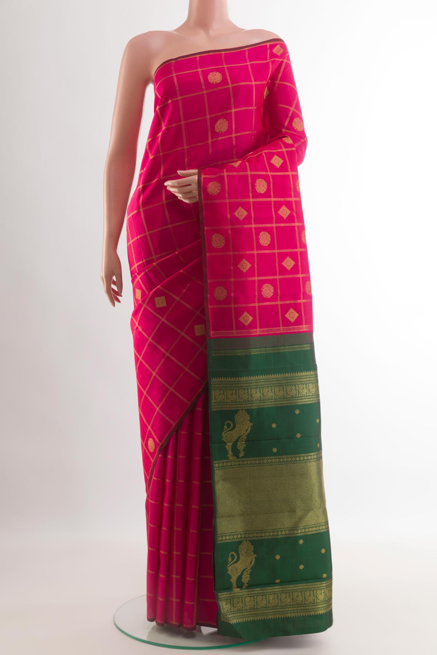 Pure Silk Pure Zari Pink Kanchipuram Saree with Checked design on the body and Without Border.  displayed on a mannequin