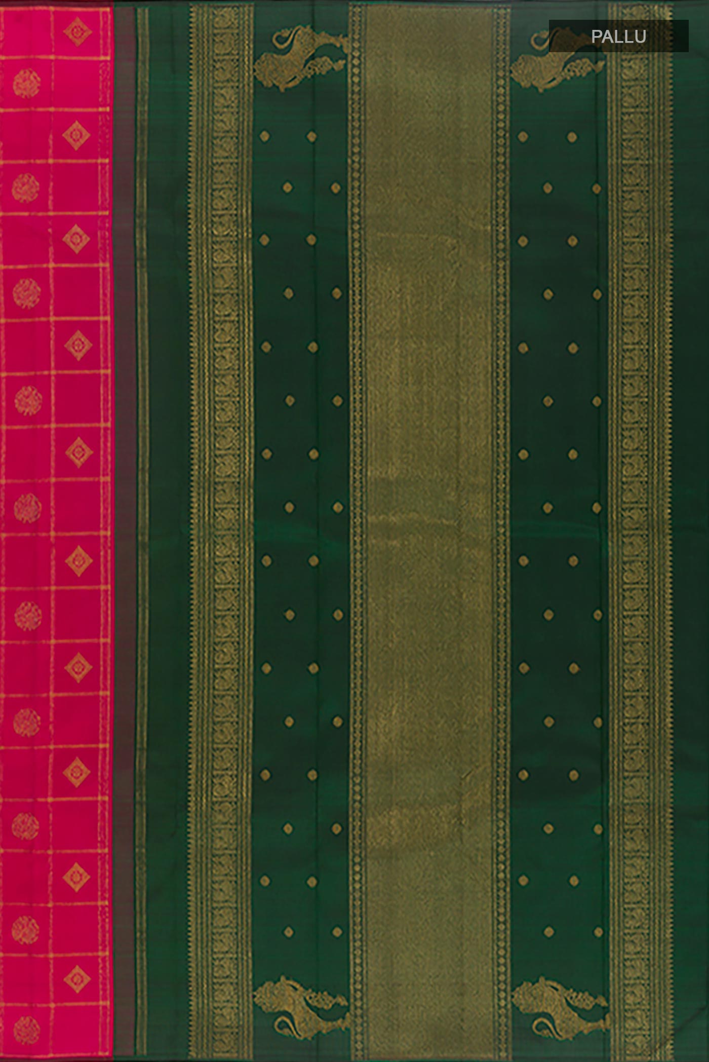 Close up image of the pallu of Pure Silk Pure Zari Pink Kanchipuram Saree with Checked design on the body and Without Border. 