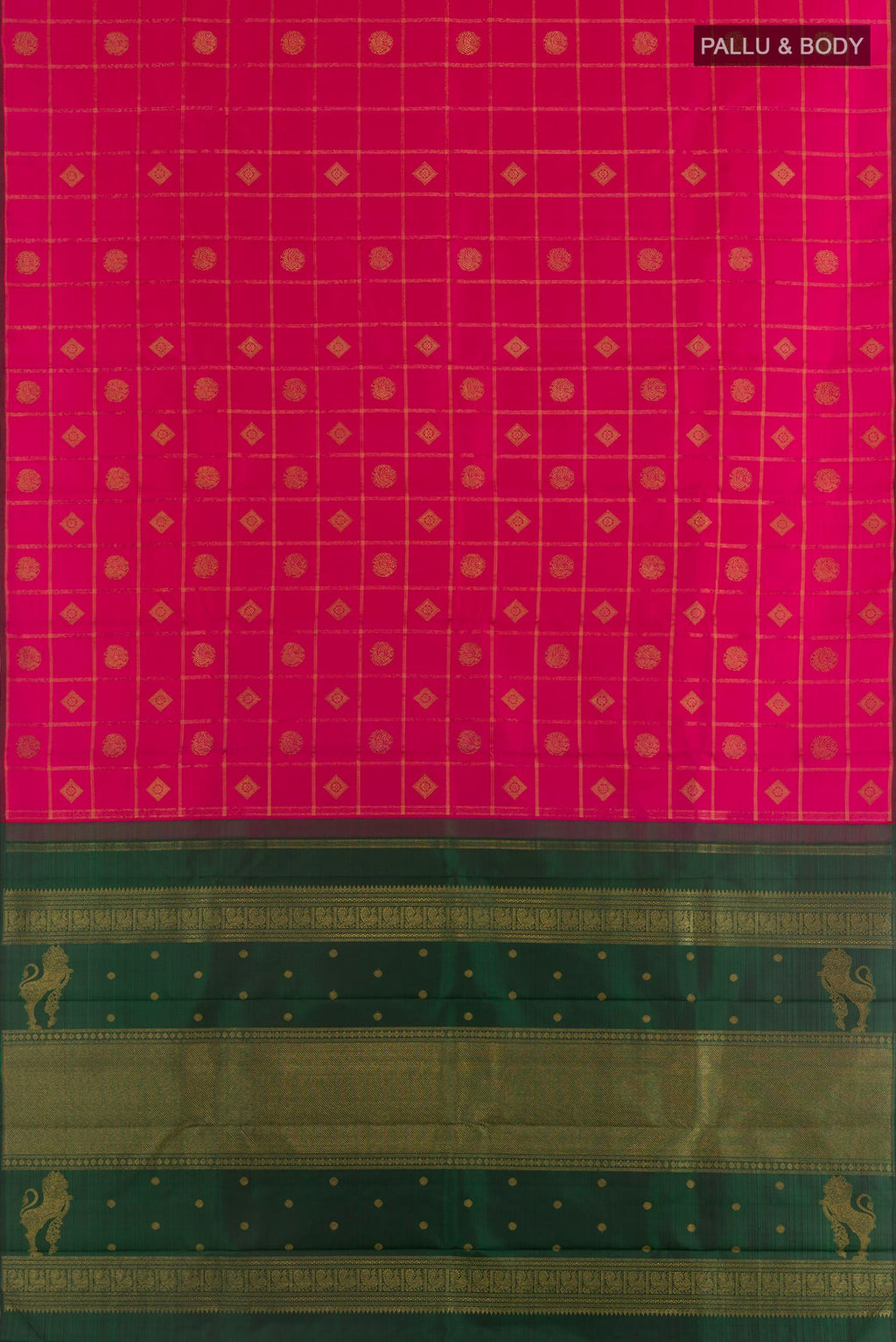 Flat view of Pure Silk Pure Zari Pink Kanchipuram Saree with Checked design on the body and Without Border. 