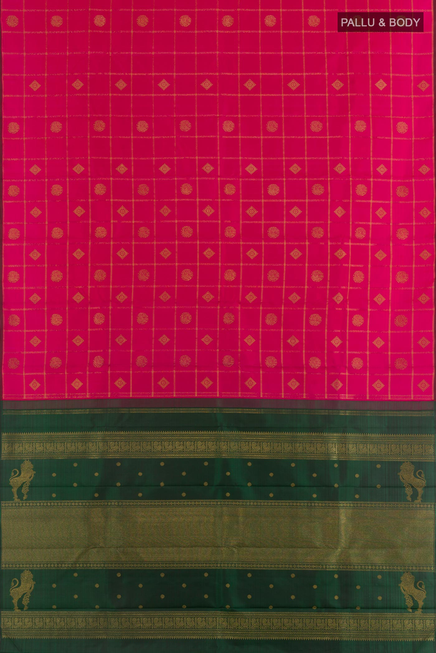 Flat view of Pure Silk Pure Zari Pink Kanchipuram Saree with Checked design on the body and Without Border. 