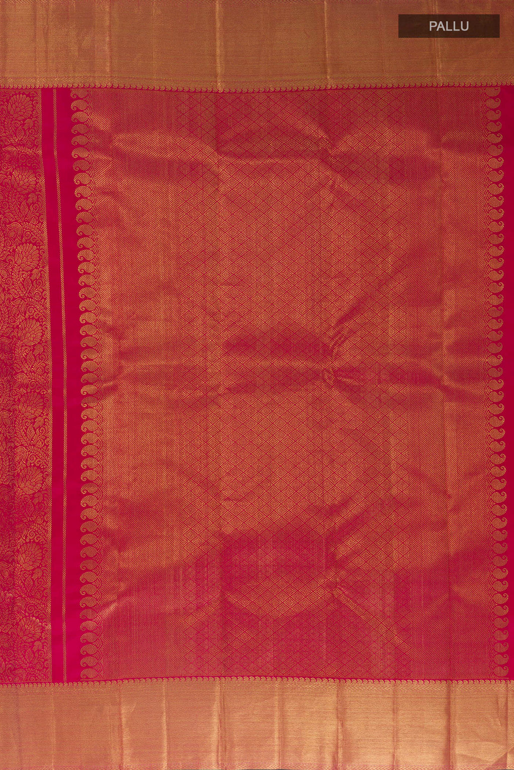 Close up image of the pallu of Pure Silk Pure Zari Pink Kanjivaram Saree with Zari Brocade on the body and Zari Border. 