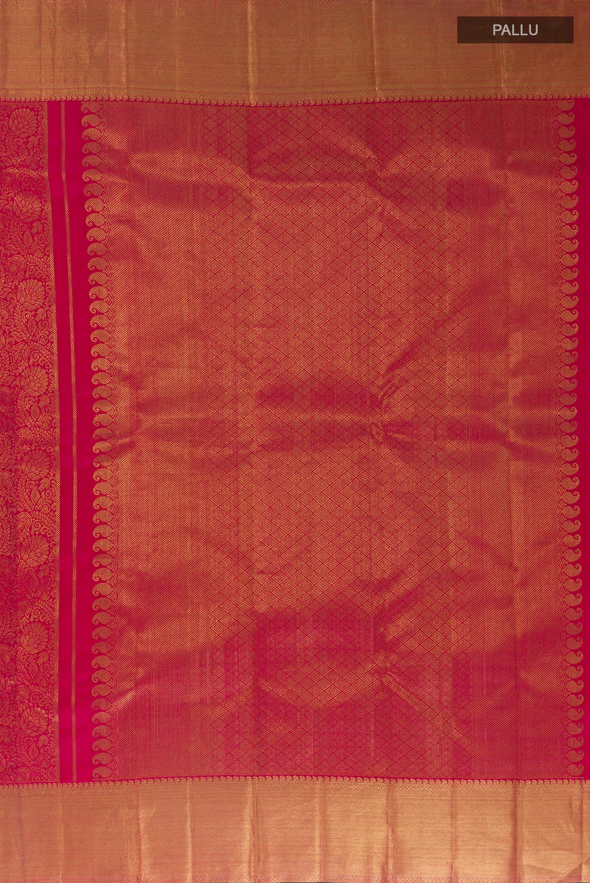 Close up image of the pallu of Pure Silk Pure Zari Pink Kanjivaram Saree with Zari Brocade on the body and Zari Border. 