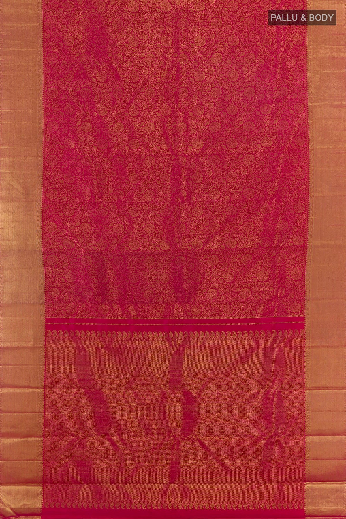 Flat view of Pure Silk Pure Zari Pink Kanjivaram Saree with Zari Brocade on the body and Zari Border. 