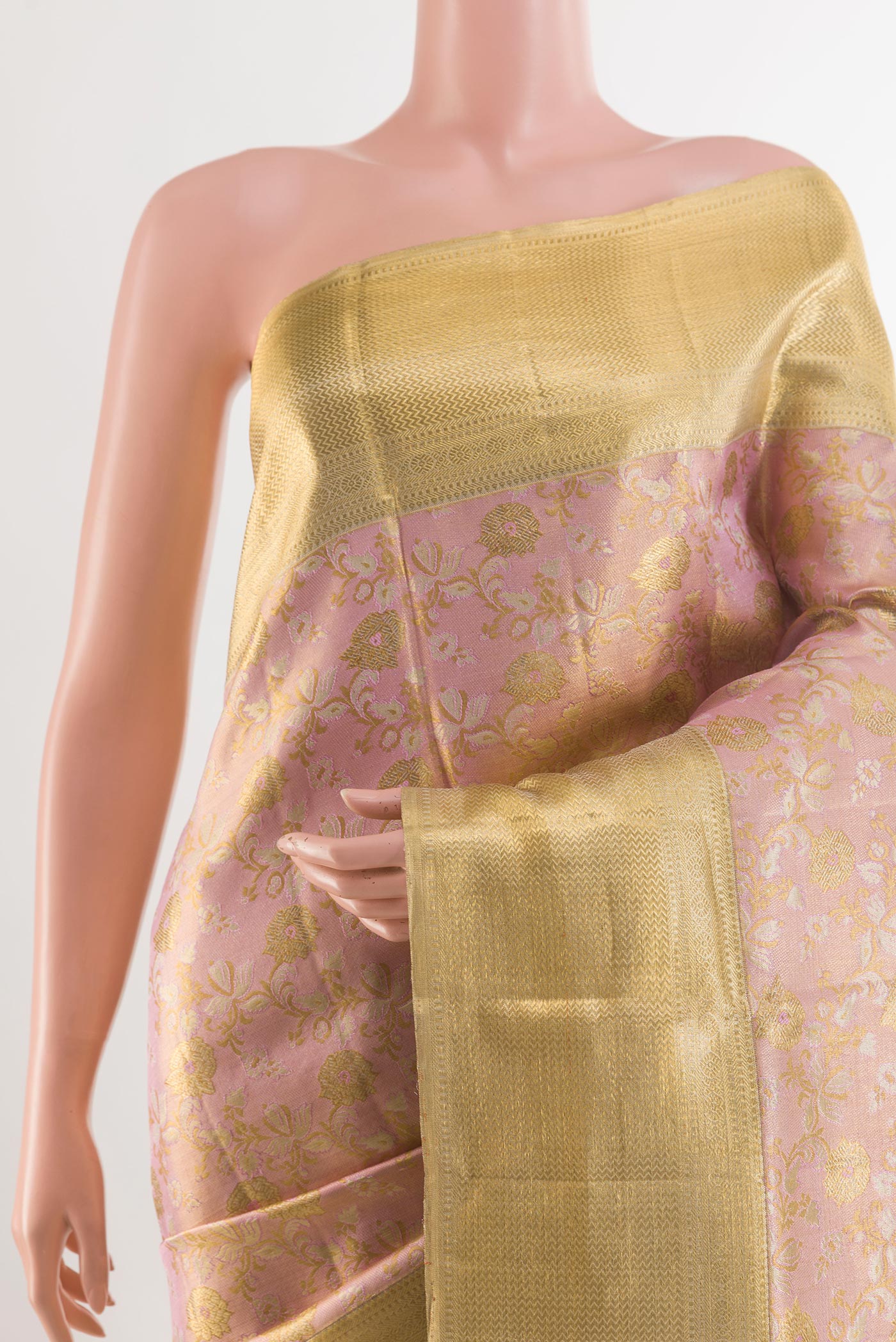 Border image of Pink Kanjivaram Tissue Silk Saree with Zari Brocade on the body and Zari Border. 