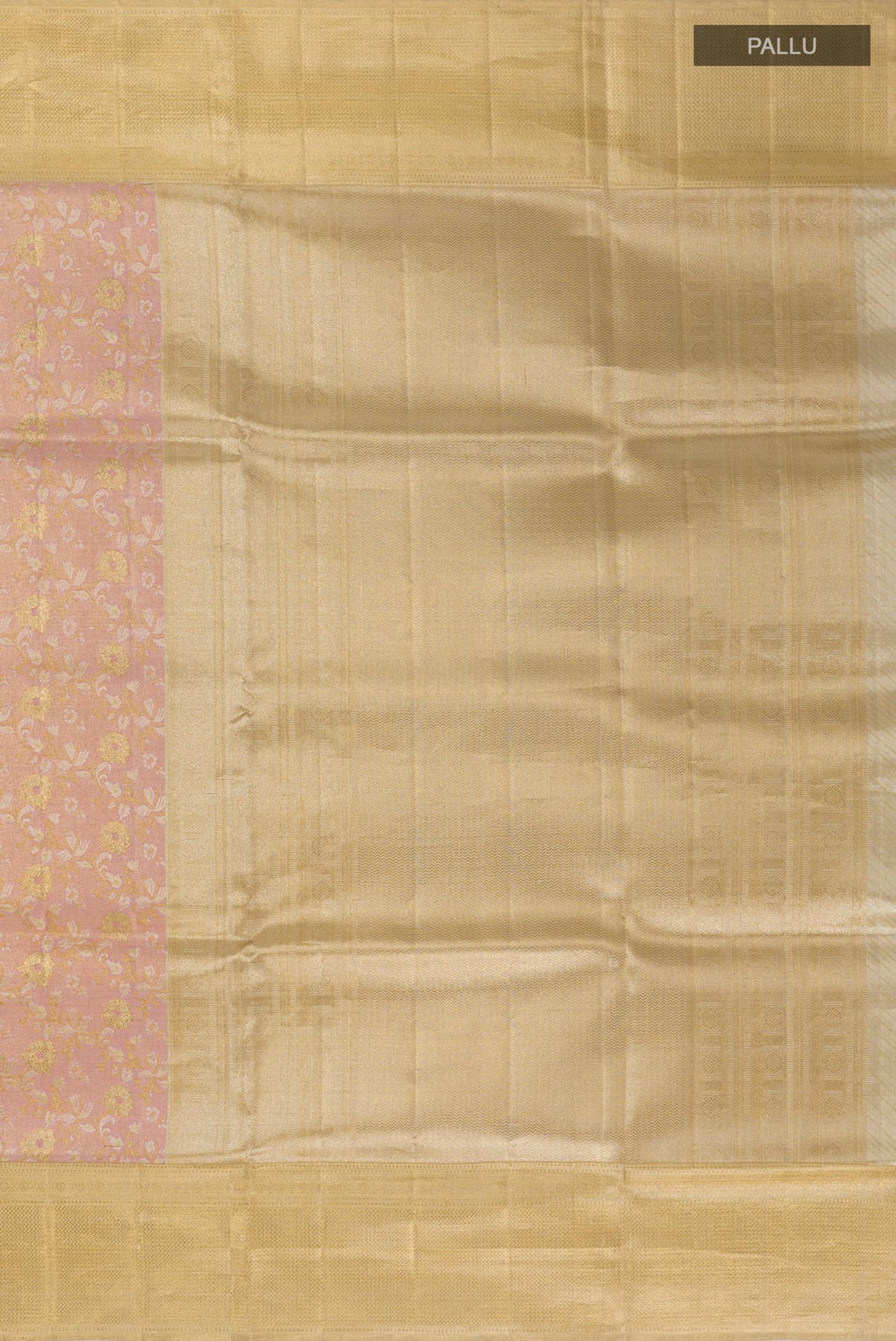 Close up image of the pallu of Pink Kanjivaram Tissue Silk Saree with Zari Brocade on the body and Zari Border. 