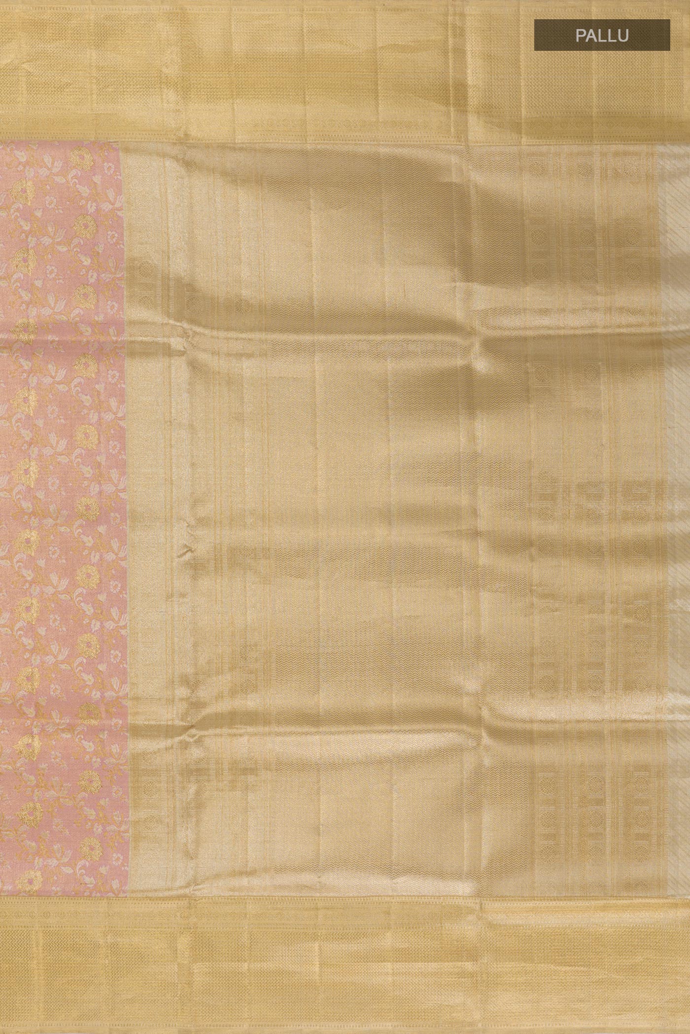 Close up image of the pallu of Pink Kanjivaram Tissue Silk Saree with Zari Brocade on the body and Zari Border. 