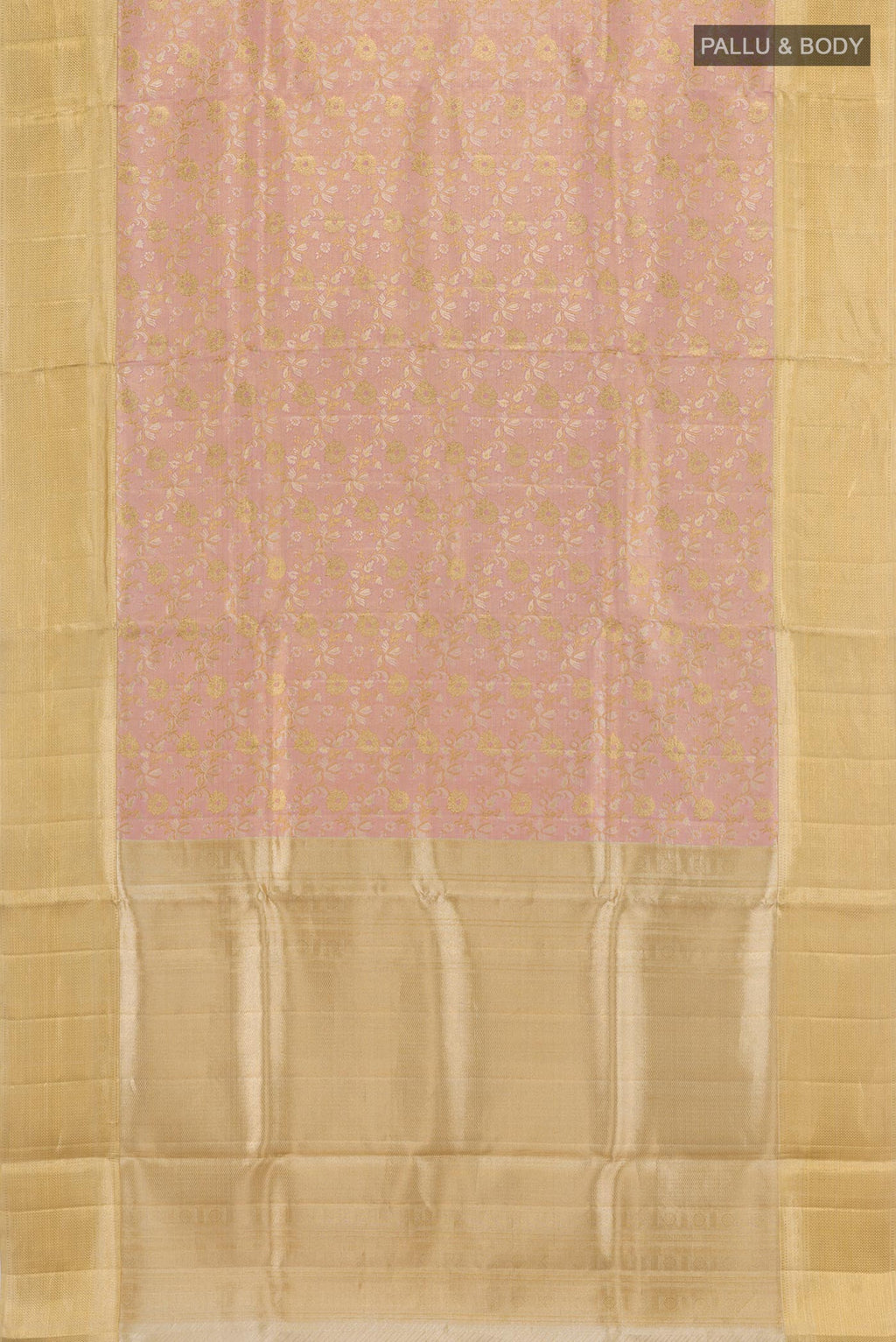Flat view of Pink Kanjivaram Tissue Silk Saree with Zari Brocade on the body and Zari Border. 