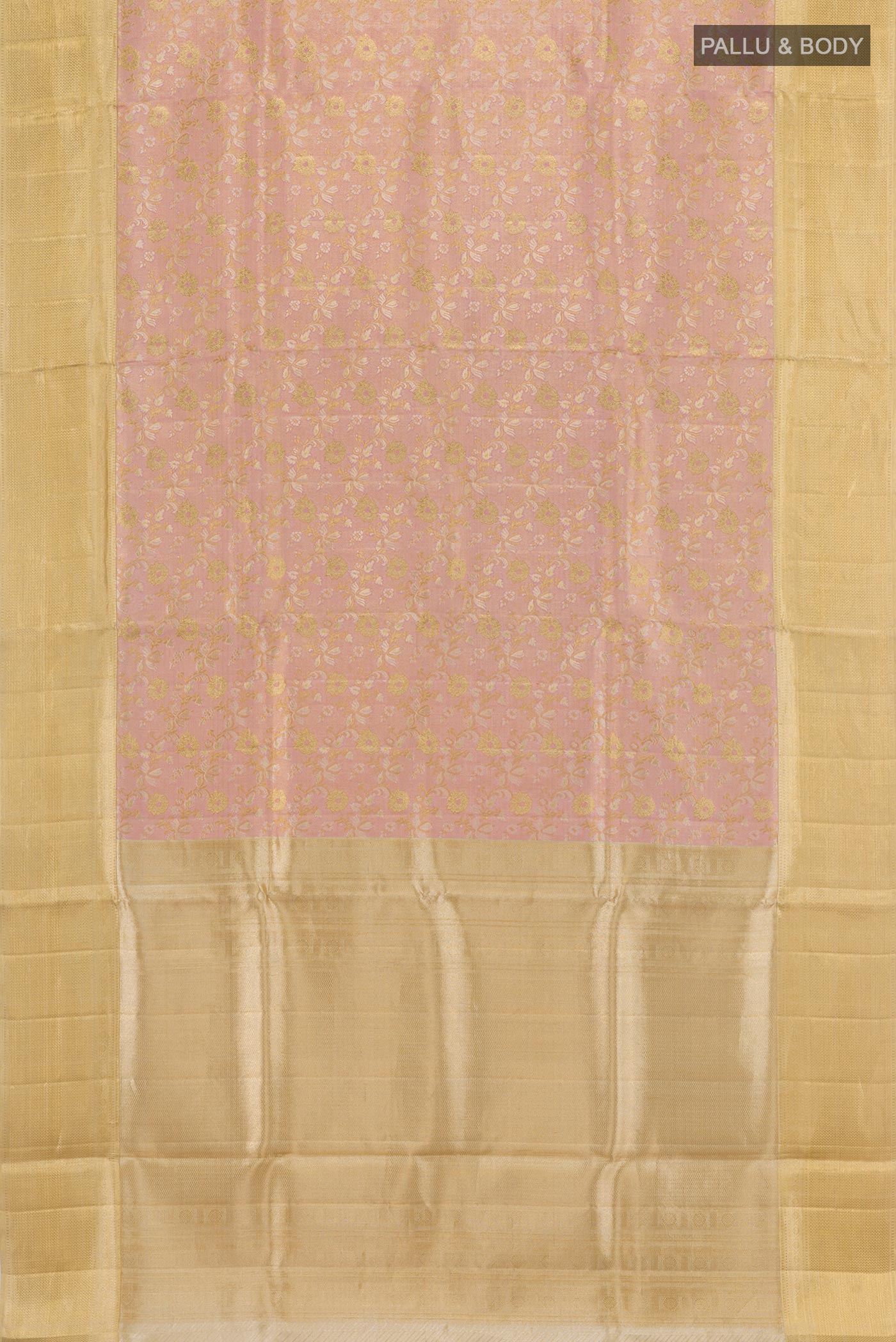 Flat view of Pink Kanjivaram Tissue Silk Saree with Zari Brocade on the body and Zari Border. 