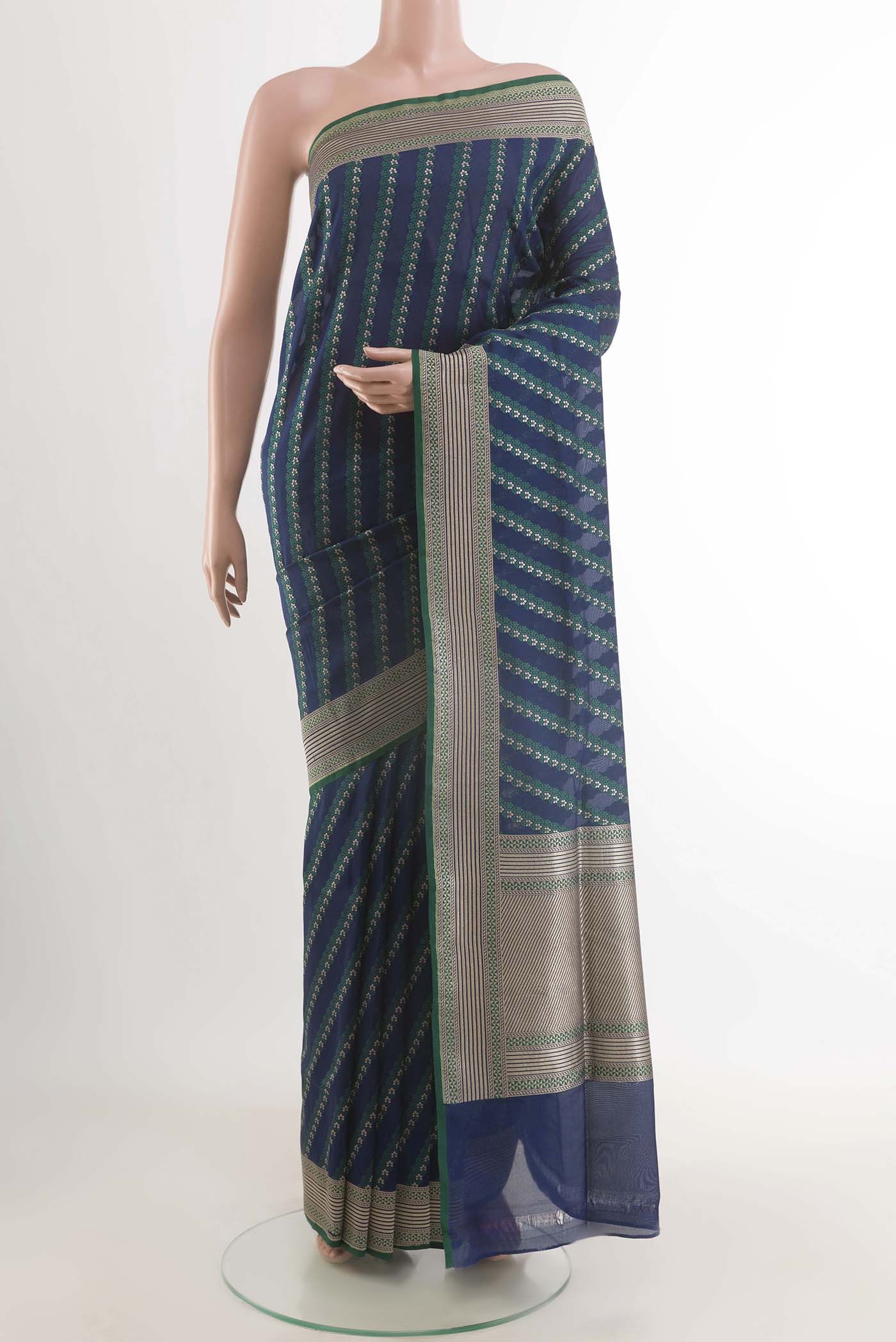 Blue Banarasi Silk Saree with Stripes on the body and Zari Border displayed on a mannequin