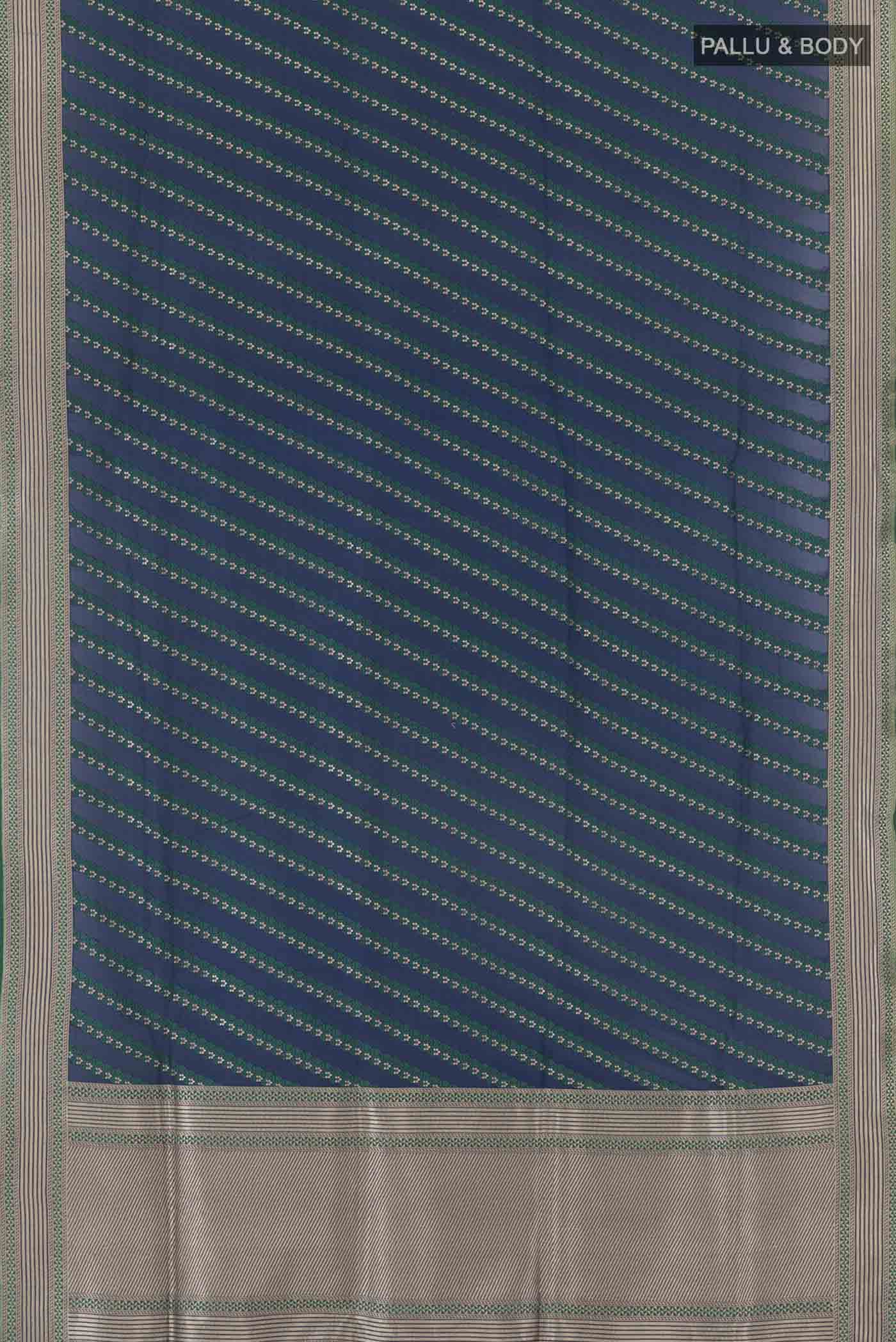 Flat view of Blue Banarasi Silk Saree with Stripes on the body and Zari Border