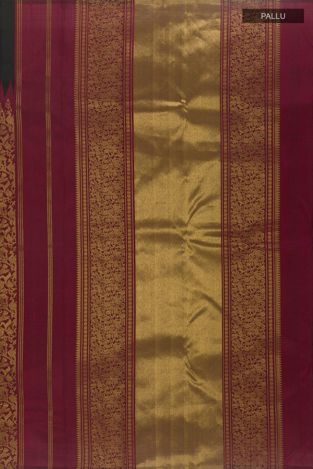 Close up image of the pallu of Black Kanchipuram Silk Saree with Plain Body and Zari Border. 