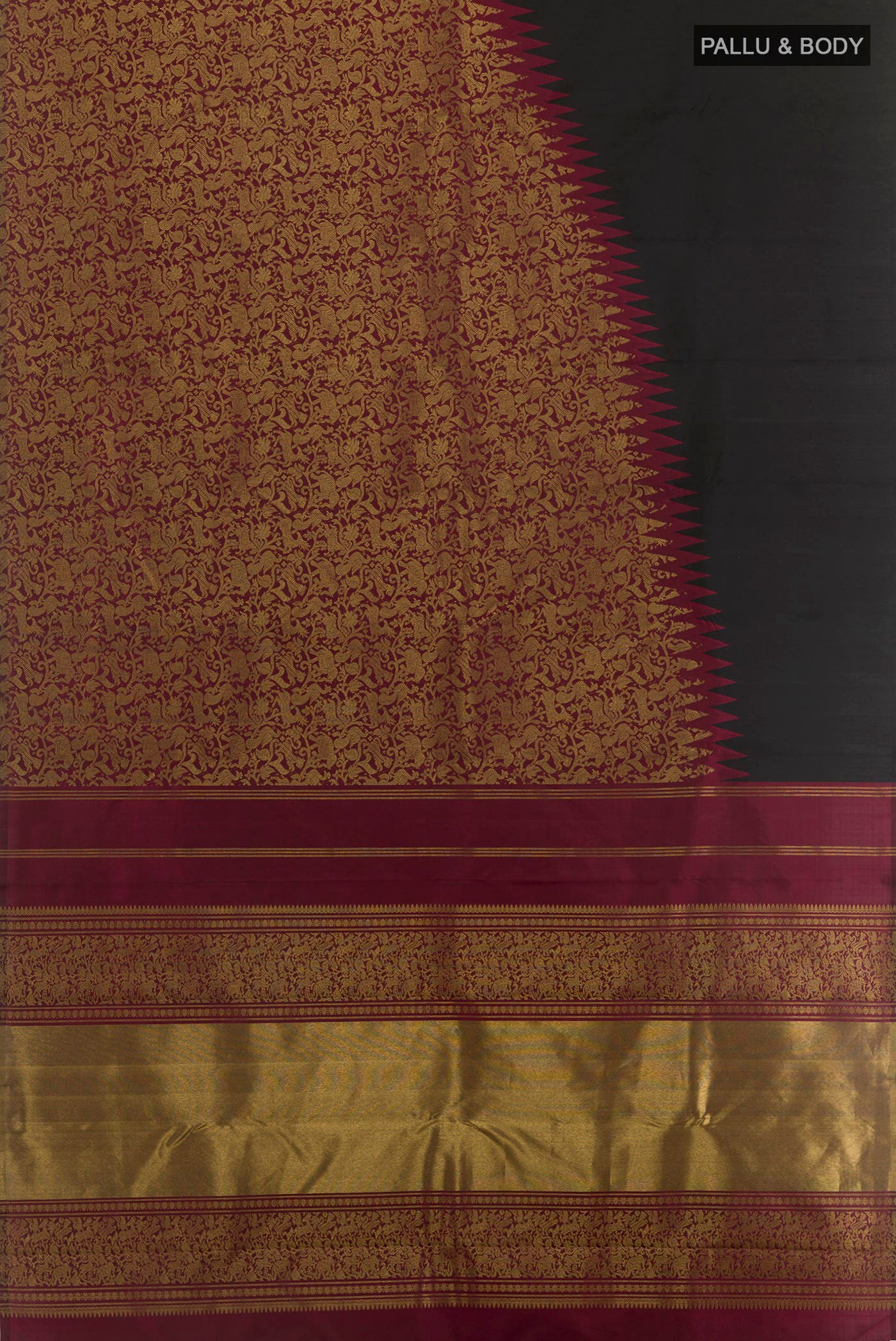 Flat view of Black Kanchipuram Silk Saree with Plain Body and Zari Border. 