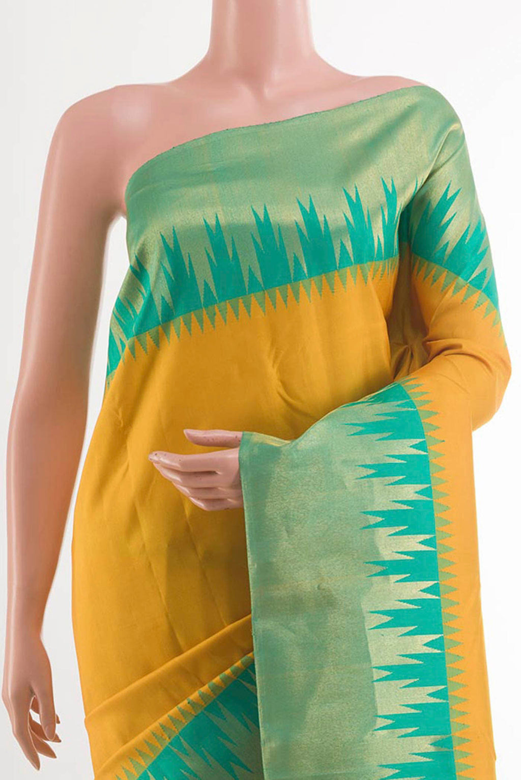 Border image of Yellow Kanjivaram Silk Saree with Plain Body and Temple Border. 