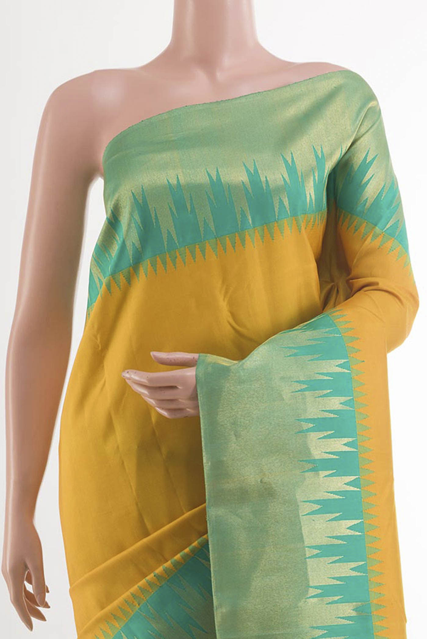 Border image of Yellow Kanjivaram Silk Saree with Plain Body and Temple Border. 