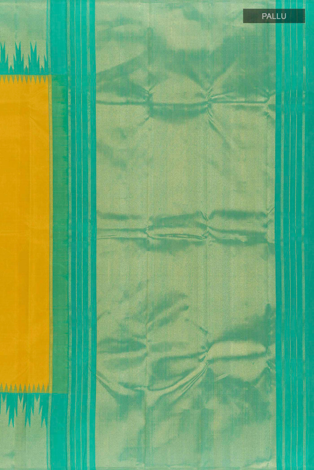 Close up image of the pallu of Yellow Kanjivaram Silk Saree with Plain Body and Temple Border. 