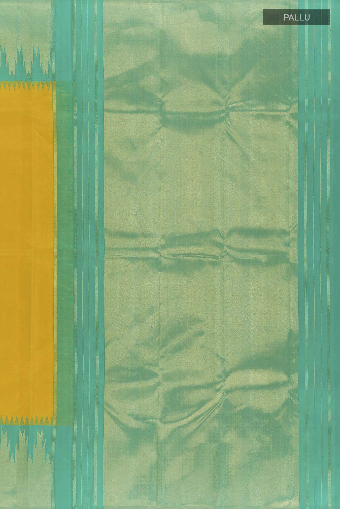 Close up image of the pallu of Yellow Kanjivaram Silk Saree with Plain Body and Temple Border. 