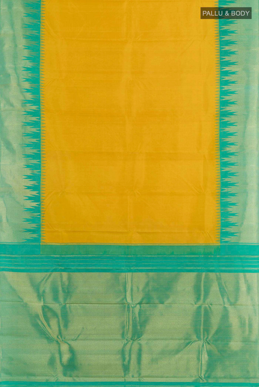 Flat view of Yellow Kanjivaram Silk Saree with Plain Body and Temple Border. 