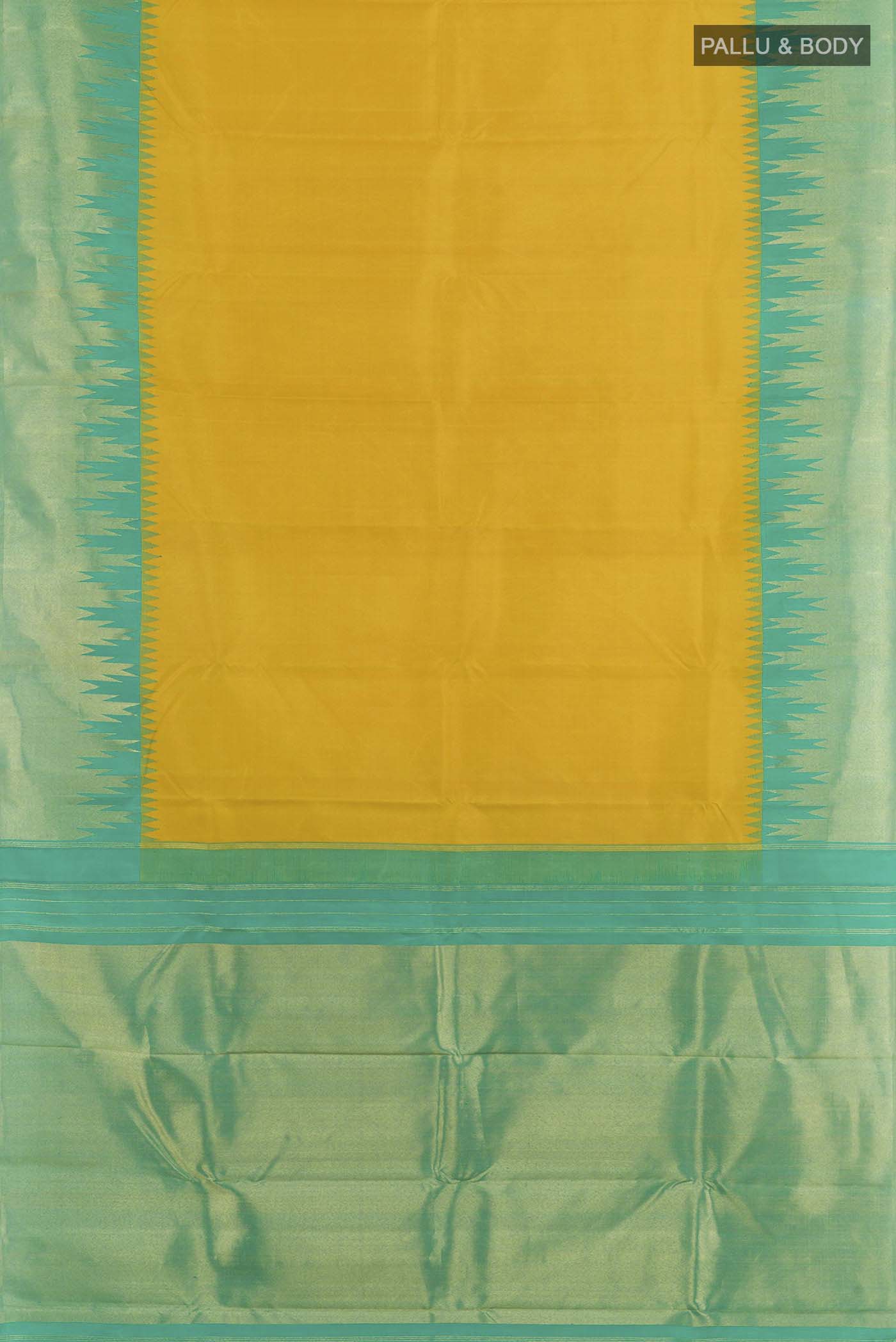 Flat view of Yellow Kanjivaram Silk Saree with Plain Body and Temple Border. 