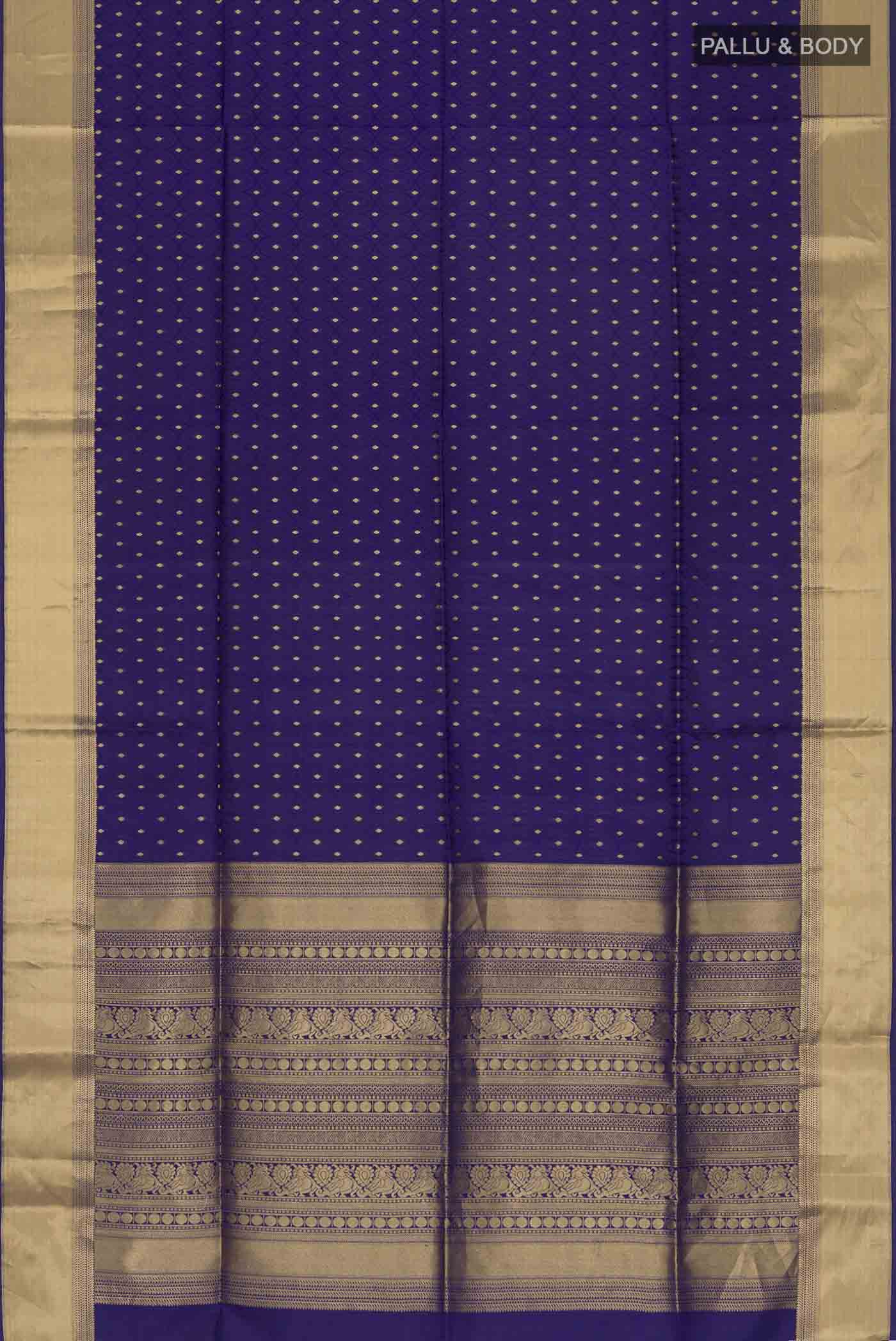 Flat view of Navy Blue Soft Silk Saree with Zari Butta on the body and Zari Border