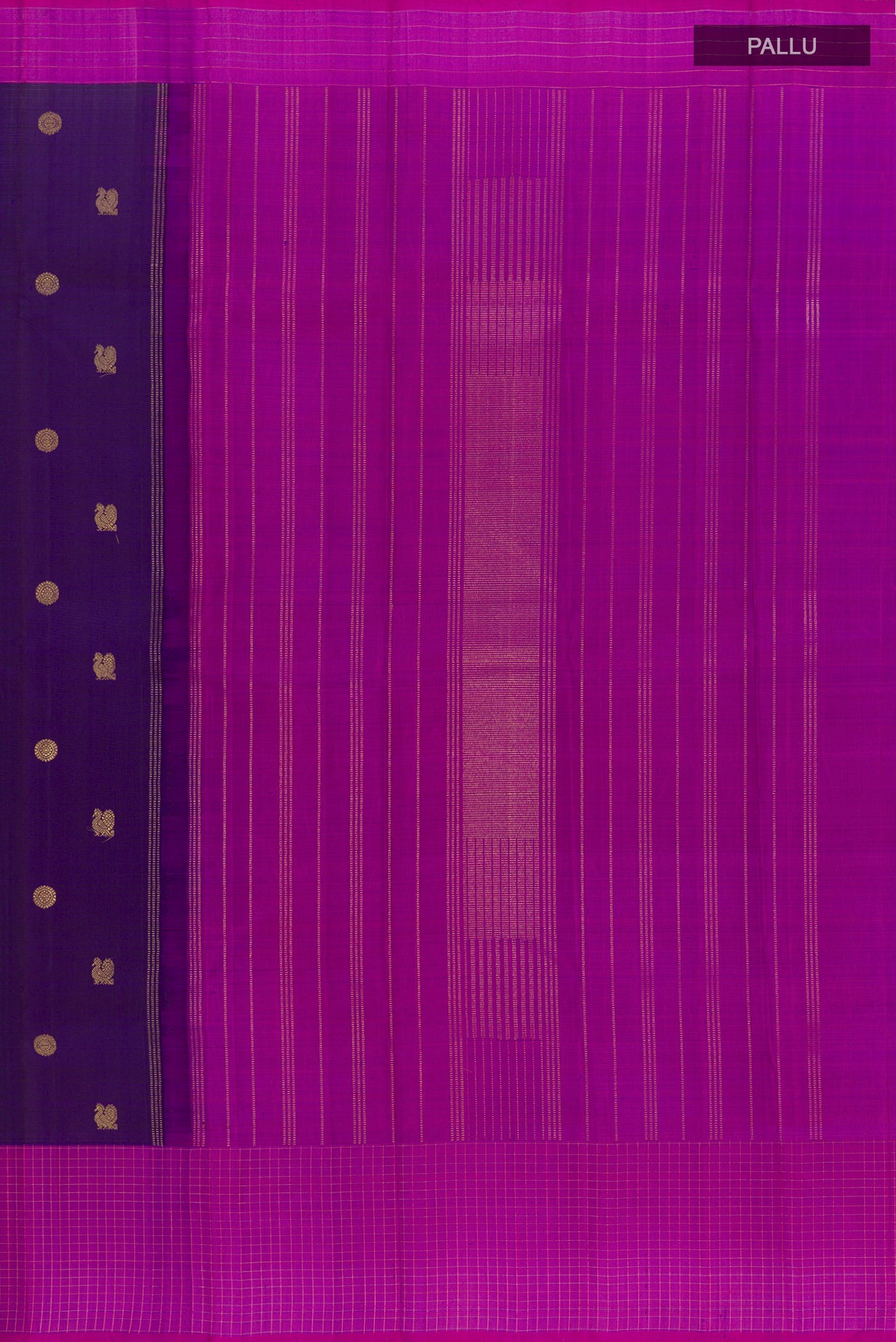 Close up image of the pallu of Purple Kanjivaram Silk Saree with Zari Butta on the body and Zari Border. 