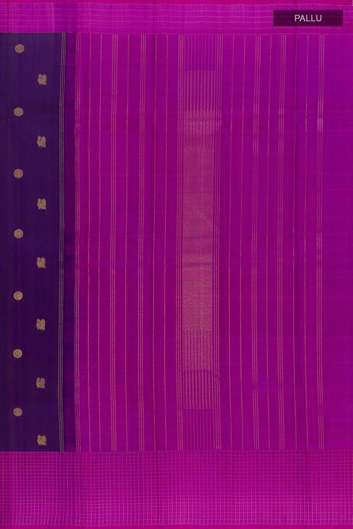 Close up image of the pallu of Purple Kanjivaram Silk Saree with Zari Butta on the body and Zari Border. 