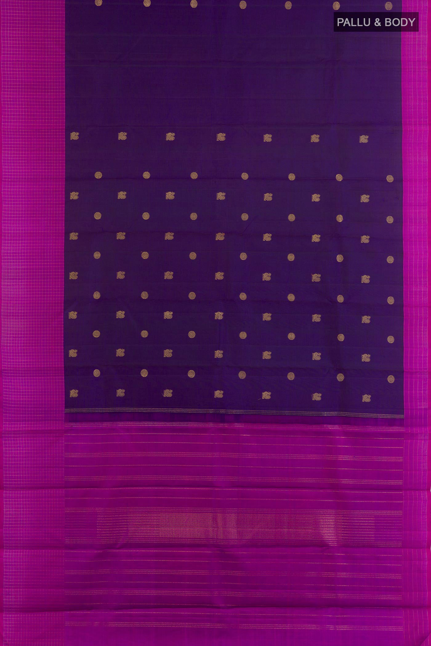 Flat view of Purple Kanjivaram Silk Saree with Zari Butta on the body and Zari Border. 