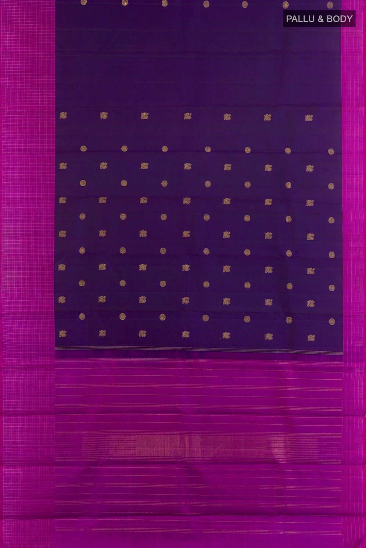Flat view of Purple Kanjivaram Silk Saree with Zari Butta on the body and Zari Border. 