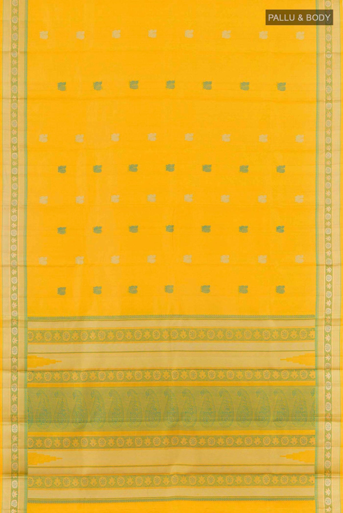 Flat view of Yellow Kanchipuram Silk Saree with Thread Butta on the body and Zari And Thread Border