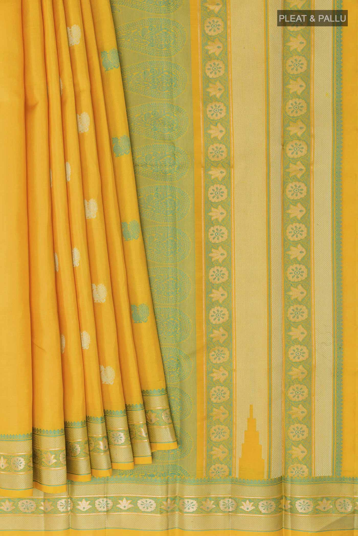 Pleats and pallu of Yellow Kanchipuram Silk Saree with Thread Butta on the body and Zari And Thread Border