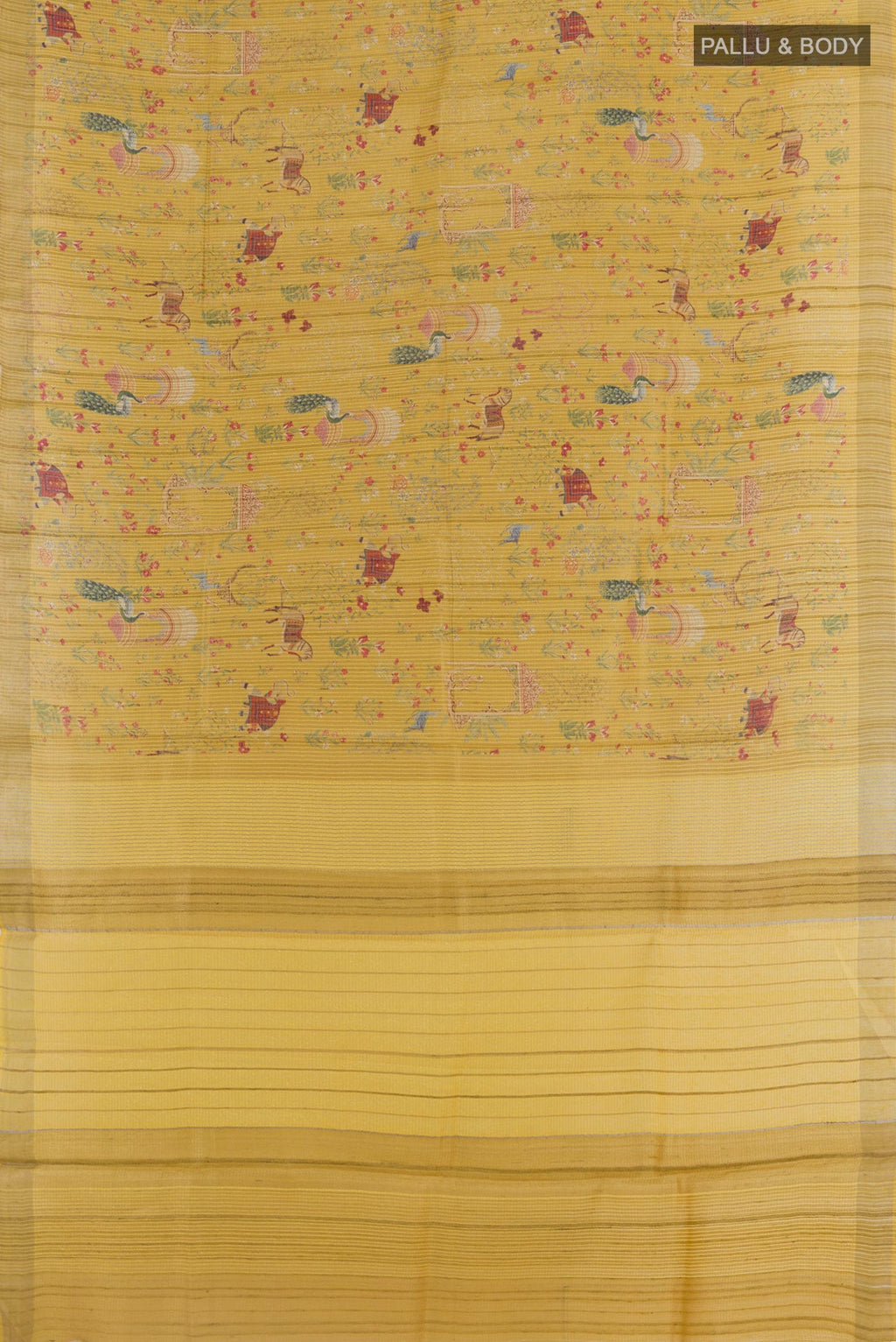 Flat view of Yellow Tussar Silk Saree with Printed design on the body and Zari Border. 