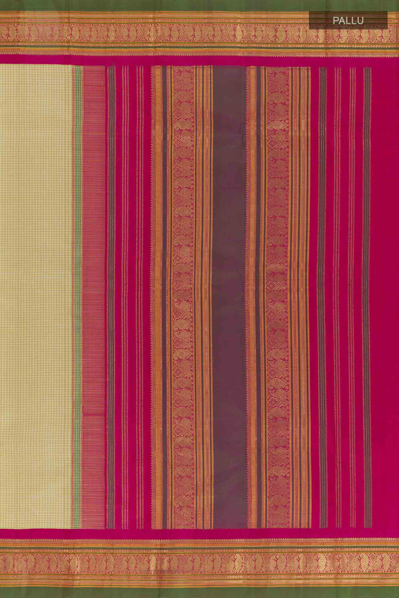 Close up image of the pallu of Olive Green Kanjivaram Silk Saree with Checked design on the body and Ganga Jamuna Border. 