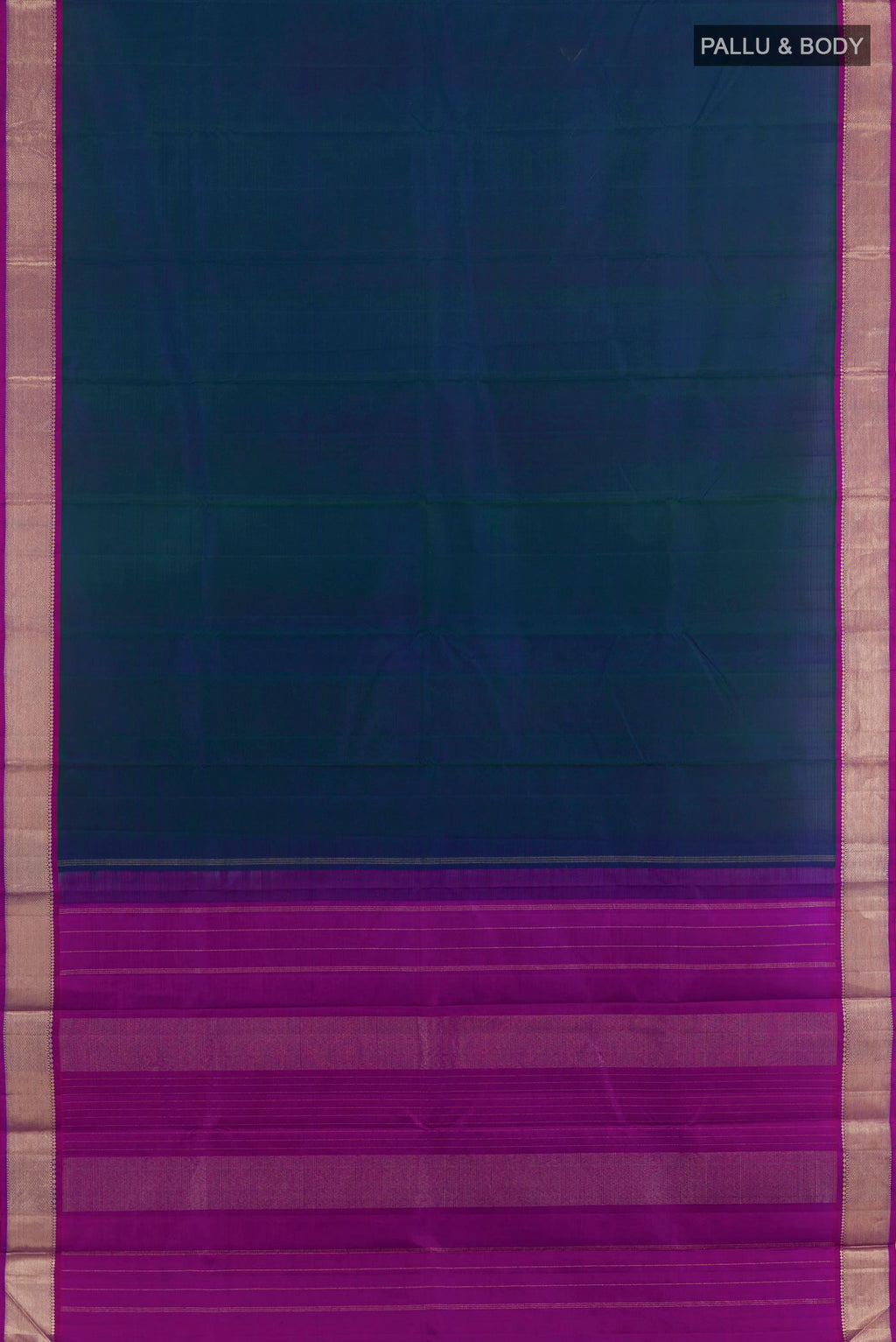 Flat view of Peacock Blue Kanchipuram Silk Saree with Plain Body and Zari Border. 