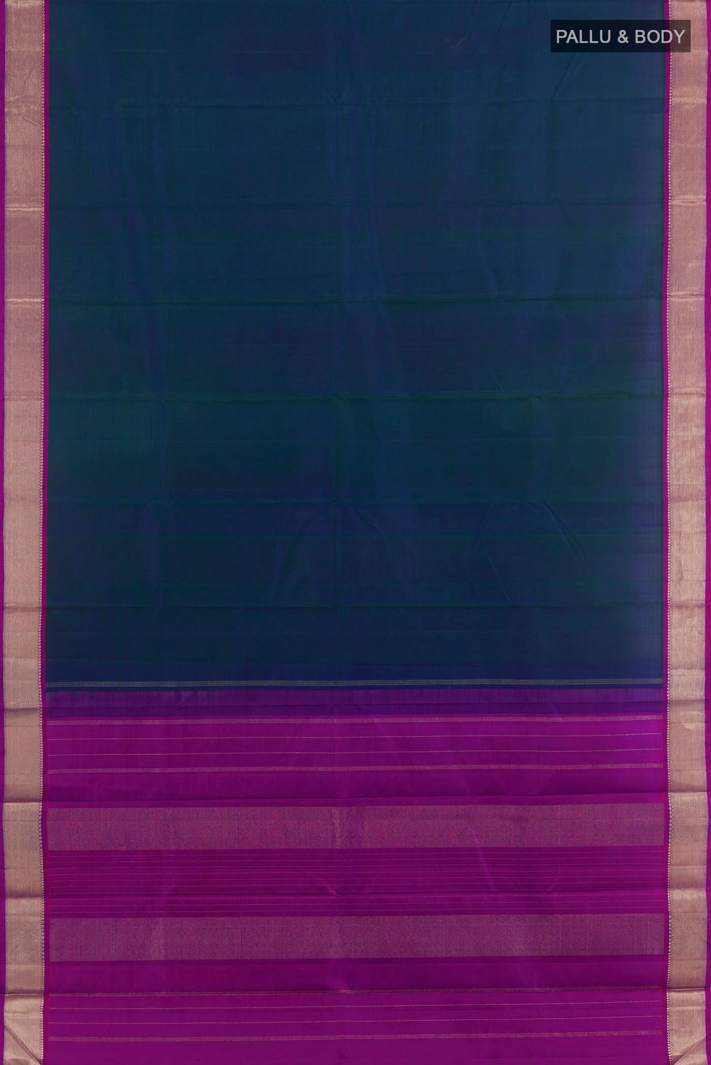 Flat view of Peacock Blue Kanchipuram Silk Saree with Plain Body and Zari Border. 