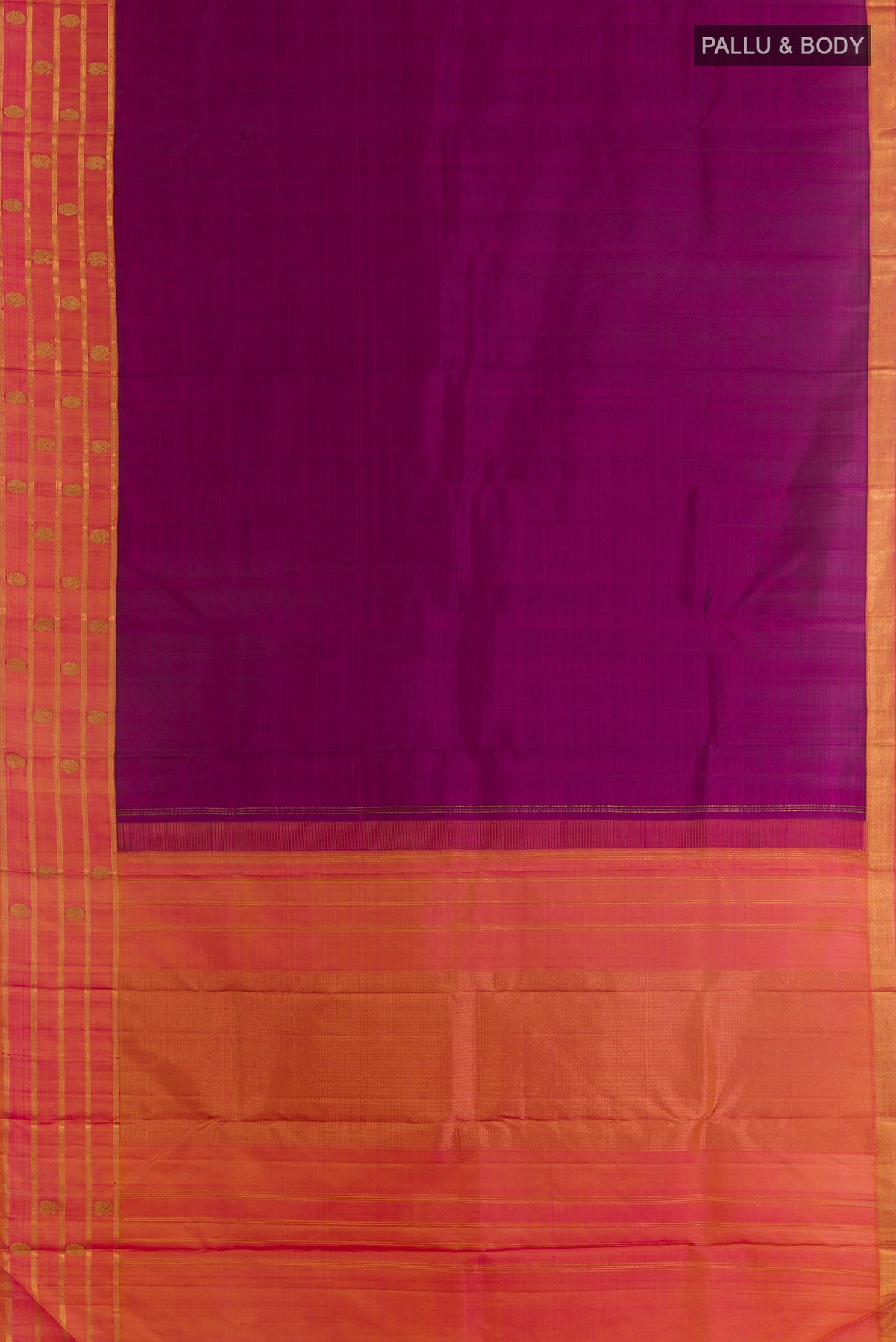 Flat view of Pure Silk Purple Kanchipuram Saree with Plain Body and Zari Border. 