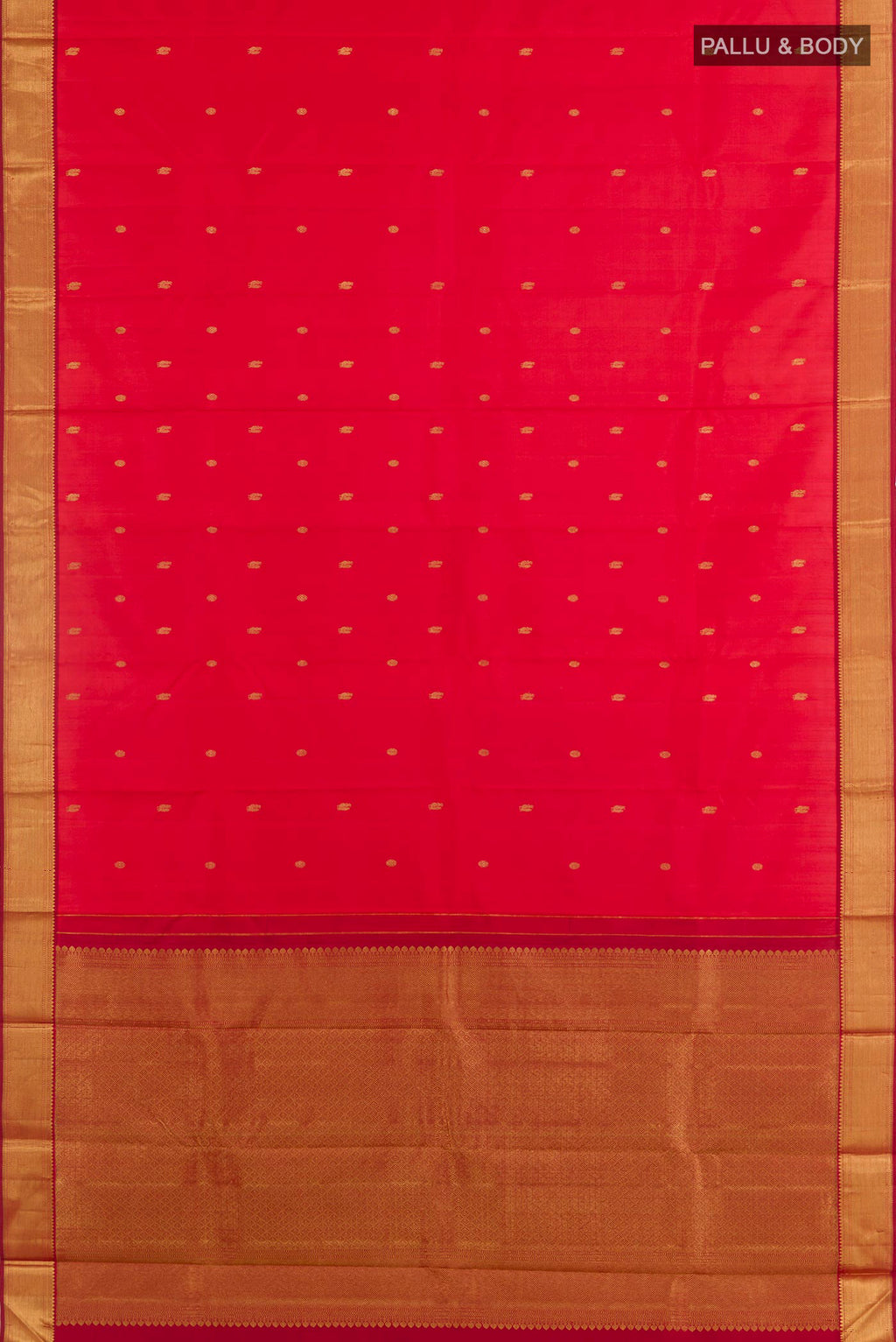 Flat view of Brick Orange Pochampally Silk Saree with Pure Ikat on the body and Zari Border. 