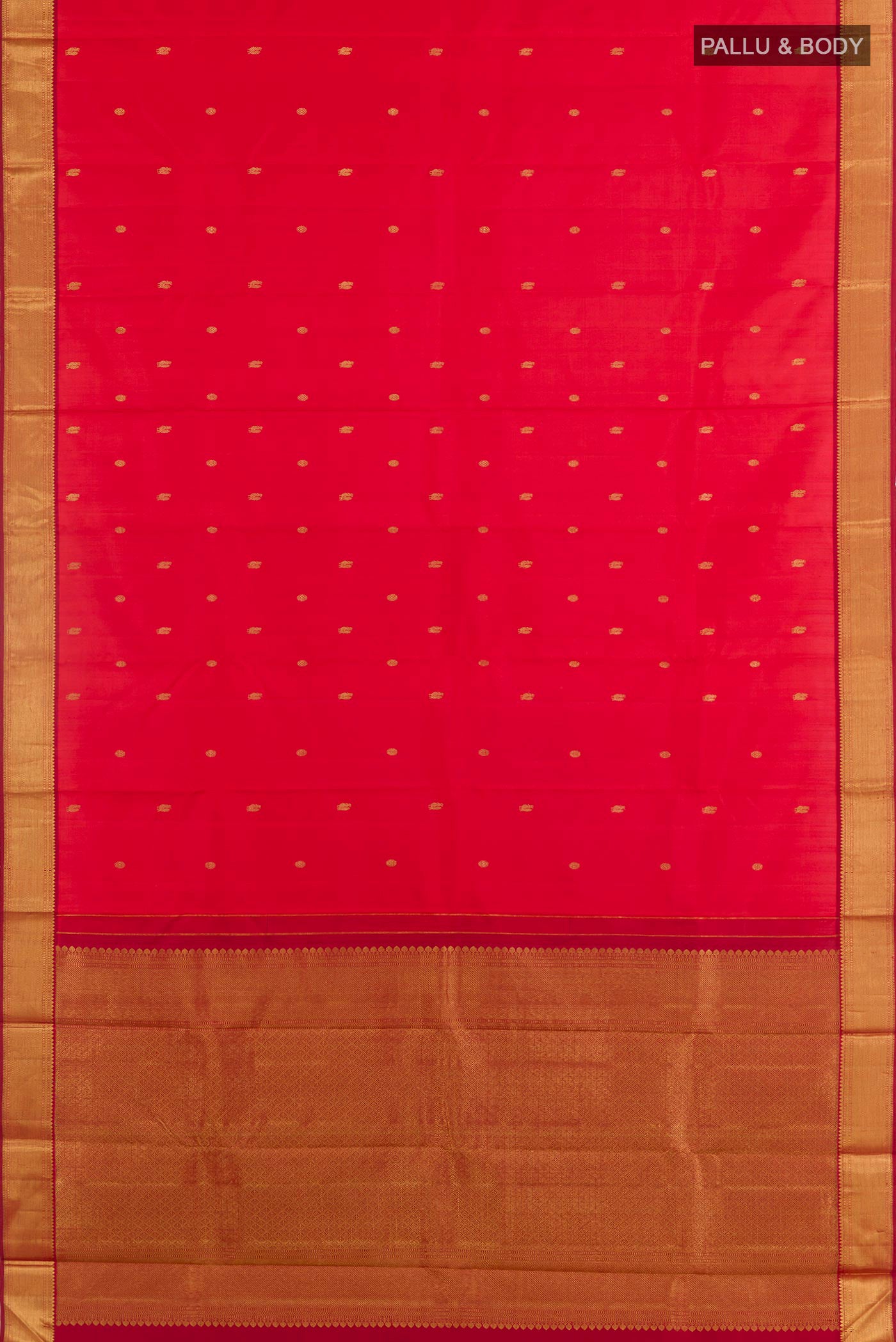 Flat view of Brick Orange Pochampally Silk Saree with Pure Ikat on the body and Zari Border. 