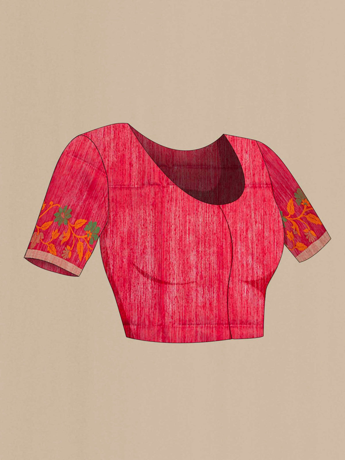 Close up image of the blouse of Red Tussar Saree with Plain Body and Zari Border