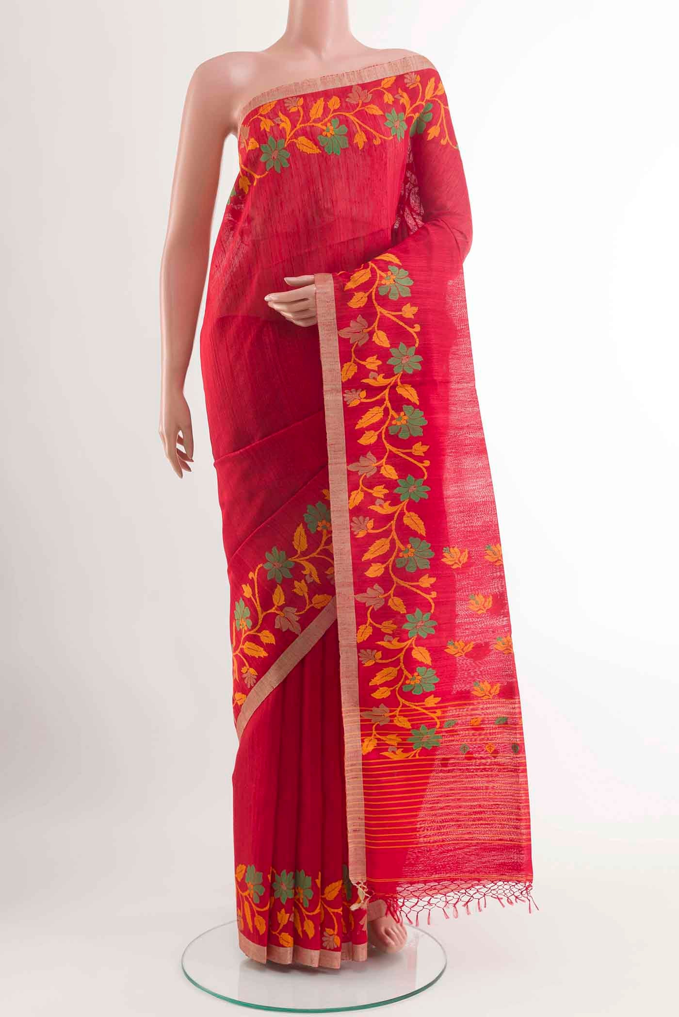 Red Tussar Saree with Plain Body and Zari Border displayed on a mannequin