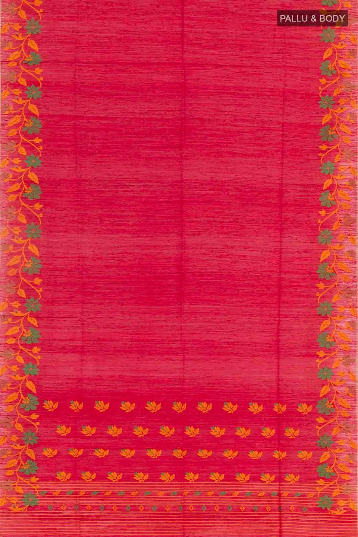 Flat view of Red Tussar Saree with Plain Body and Zari Border