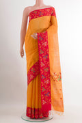 Yellow Raw Silk Saree with Thread Butta on the body and Thread Embroidery Border.  displayed on a mannequin