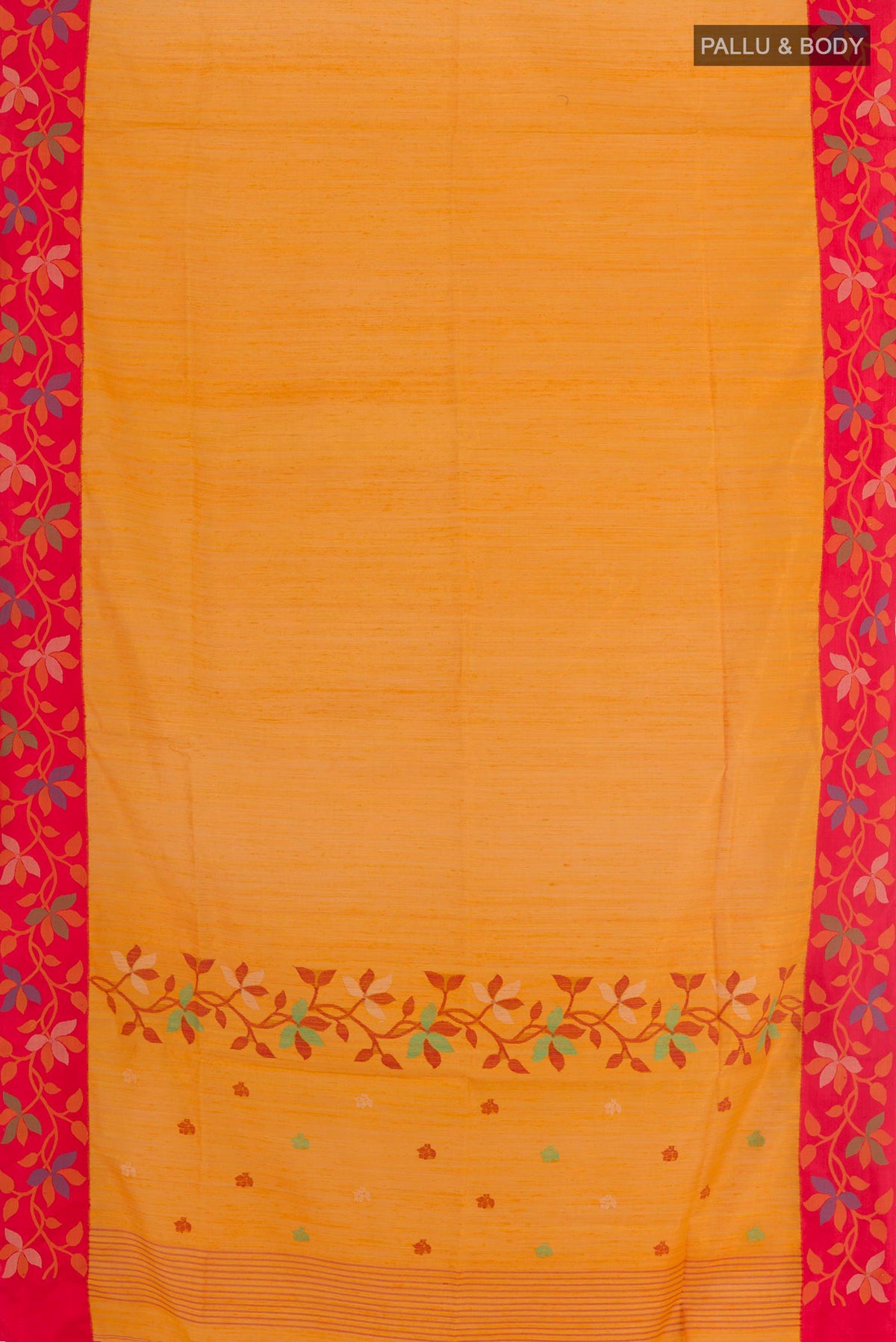 Flat view of Yellow Raw Silk Saree with Thread Butta on the body and Thread Embroidery Border. 